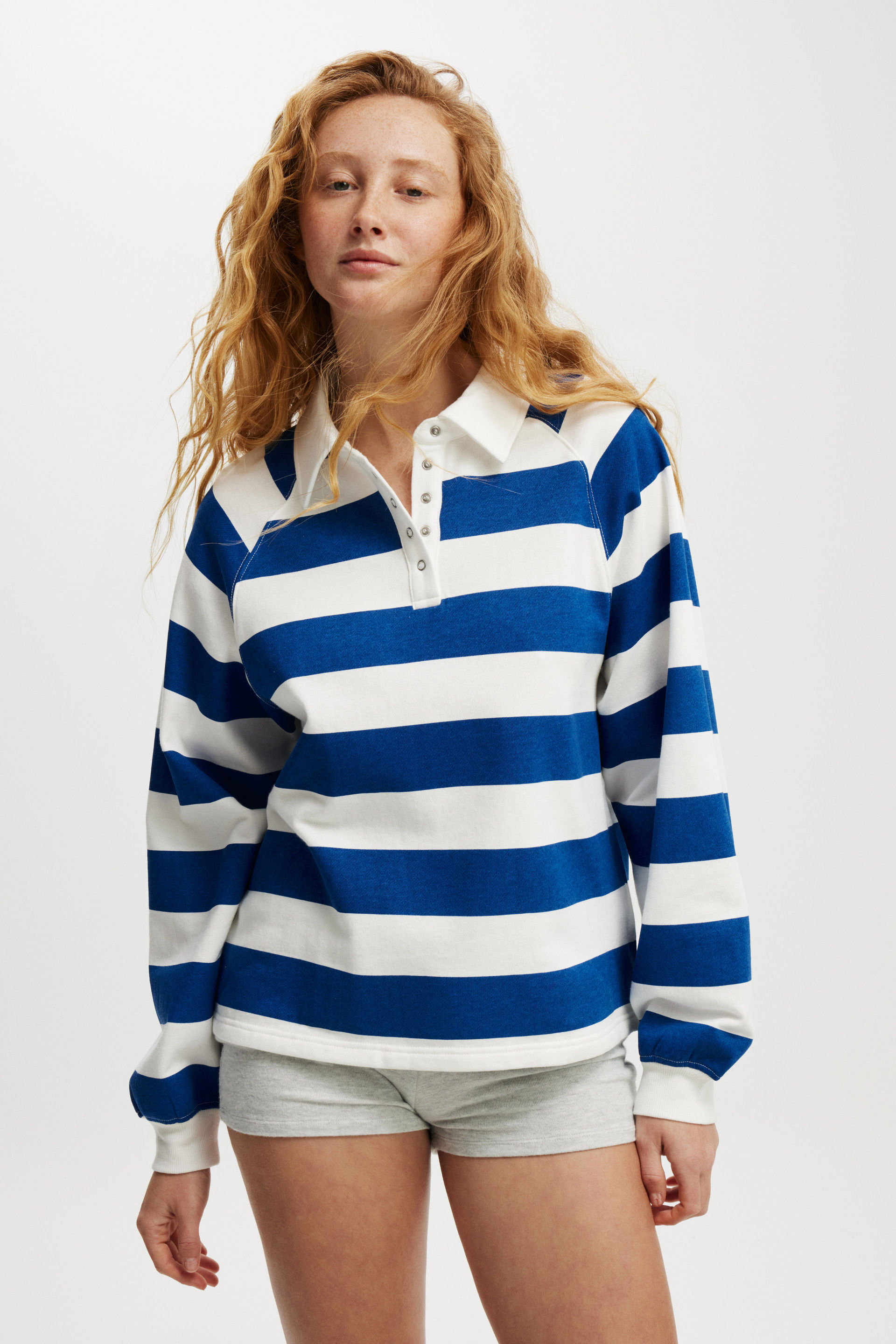 Oversized Collared Lounge Fleece Sweater blue/ white stripe