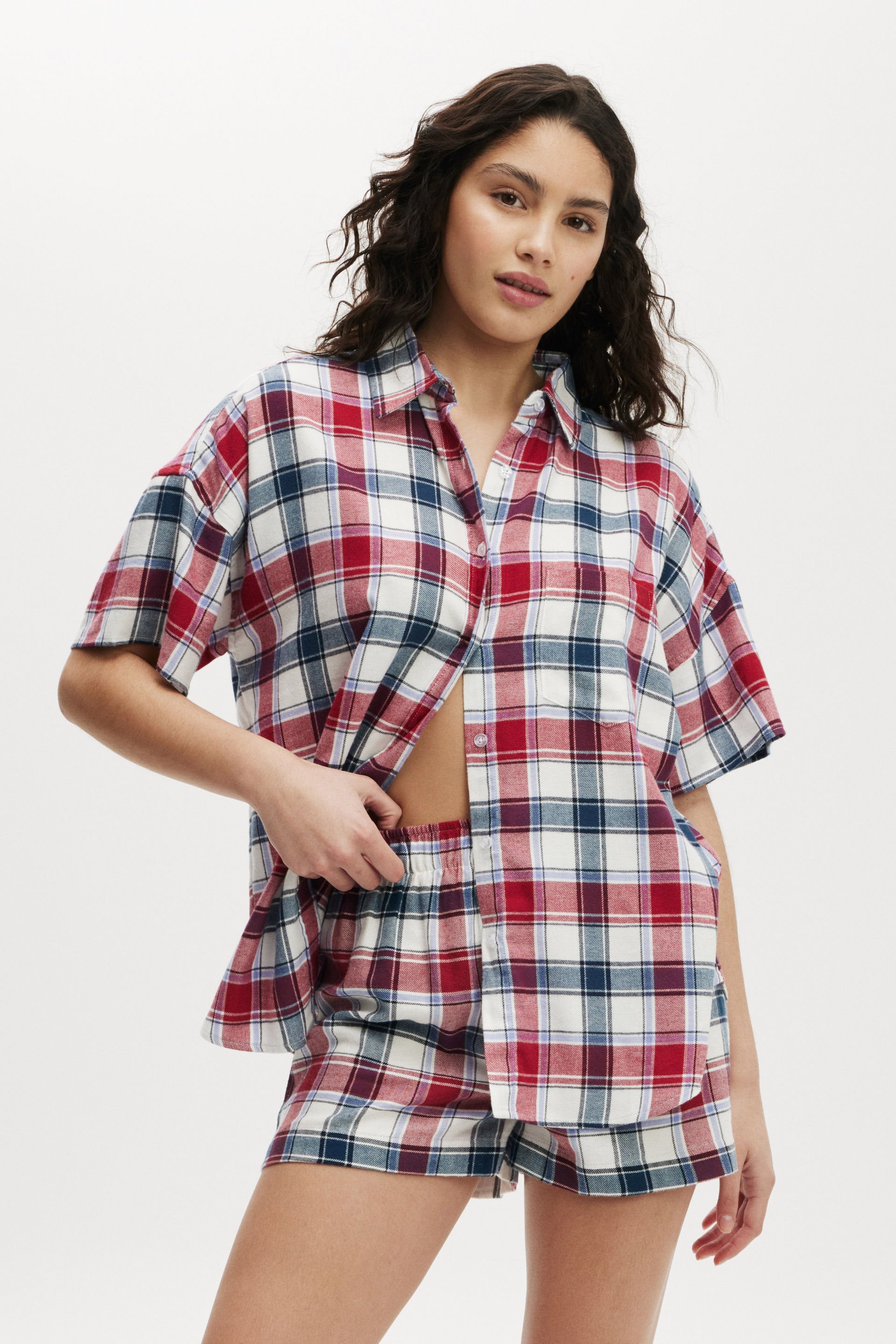 Flannel Boyfriend Short Sleeve Shirt stephanie check blue