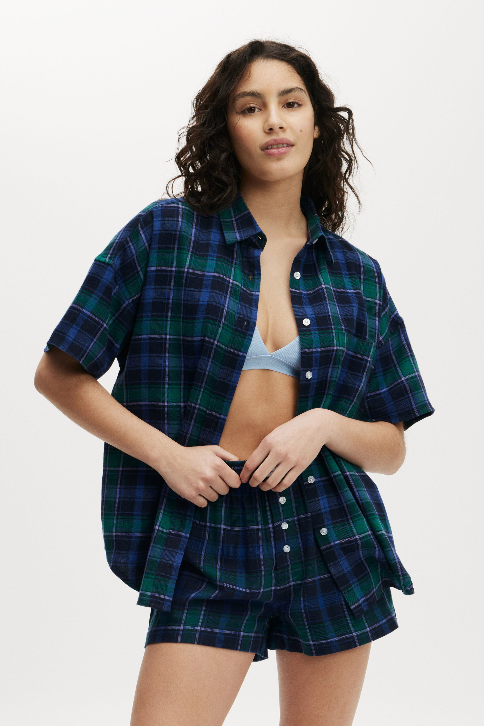 Flannel Boyfriend Short Sleeve Shirt silvie check green