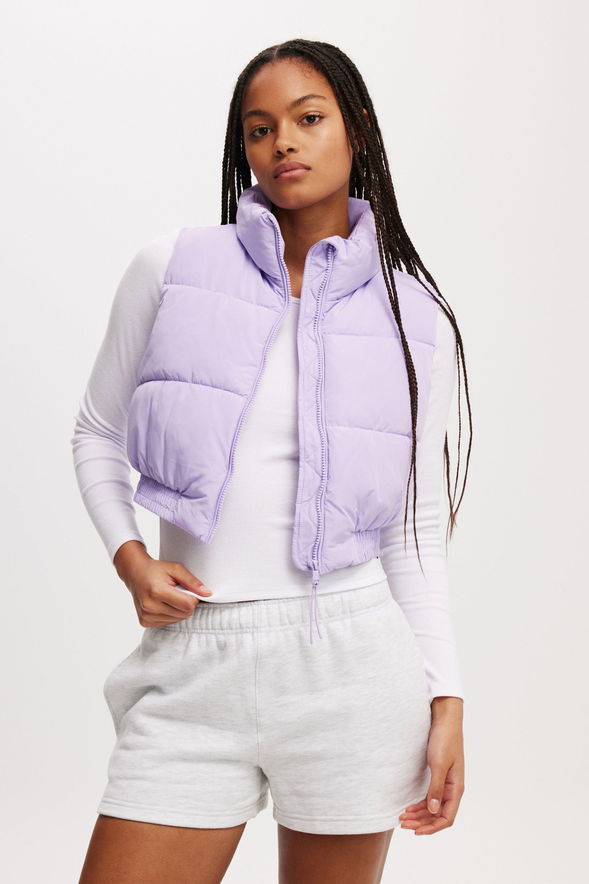 The Mother Puffer Crop Vest purple rose