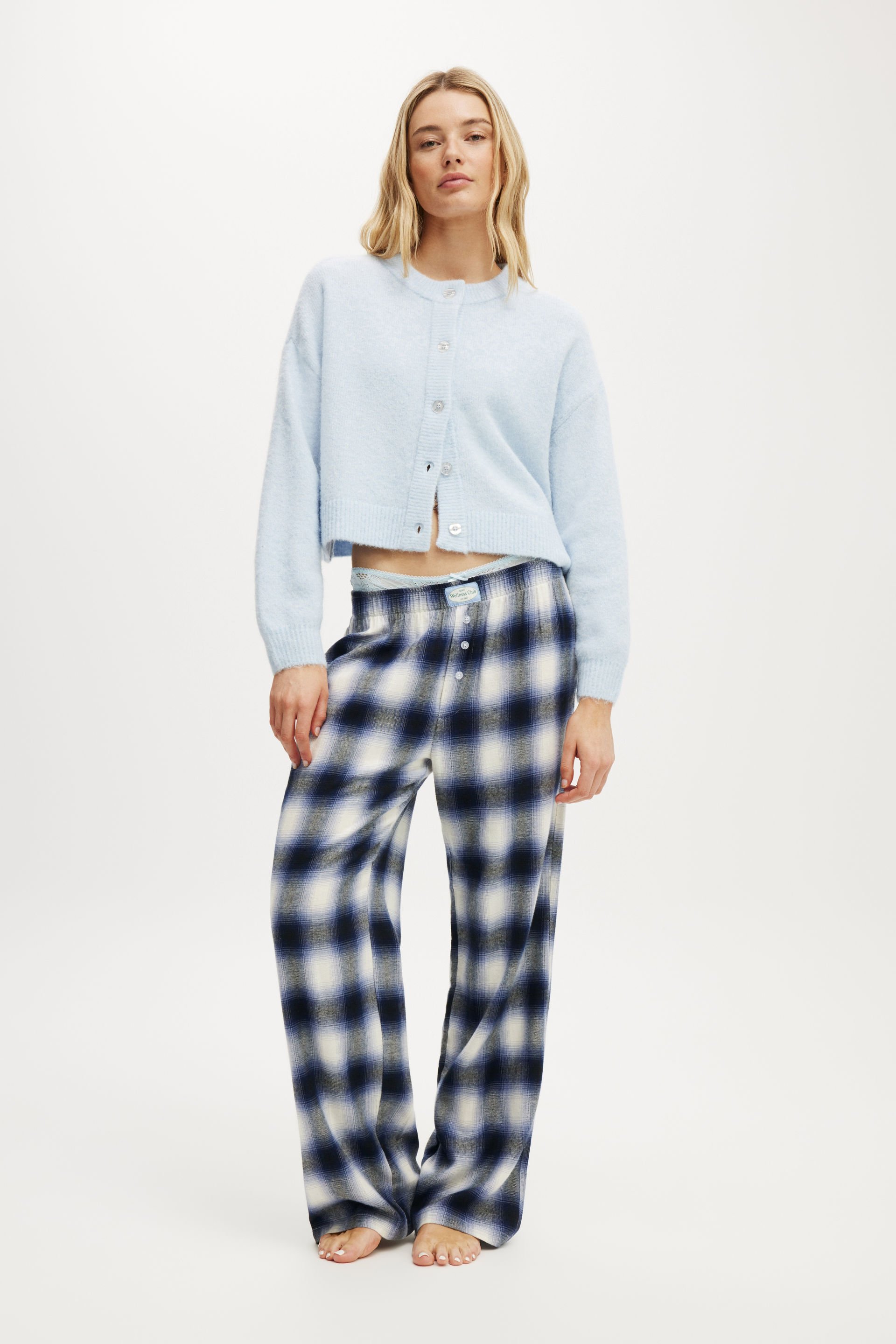 Flannel Wide Leg Pant navy white check