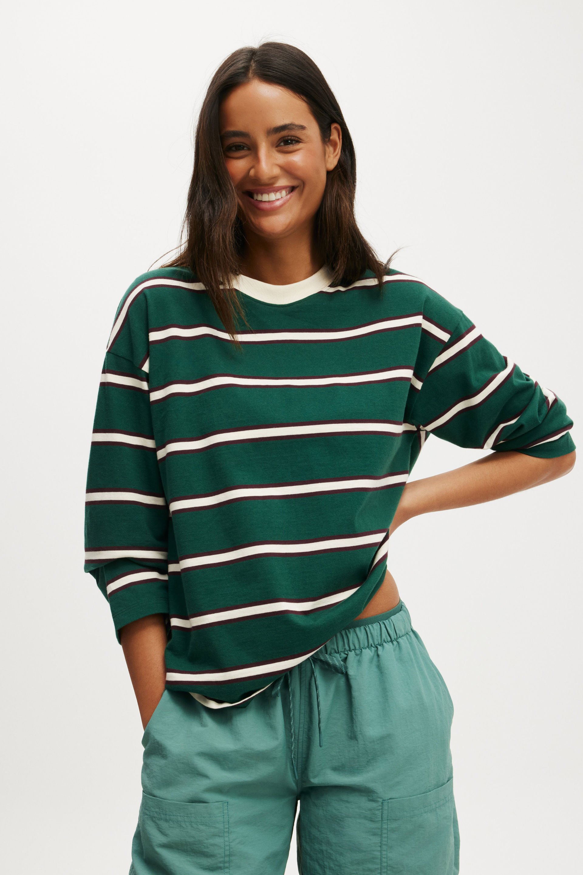 Long Sleeve Graphic Crew bistro green stripe