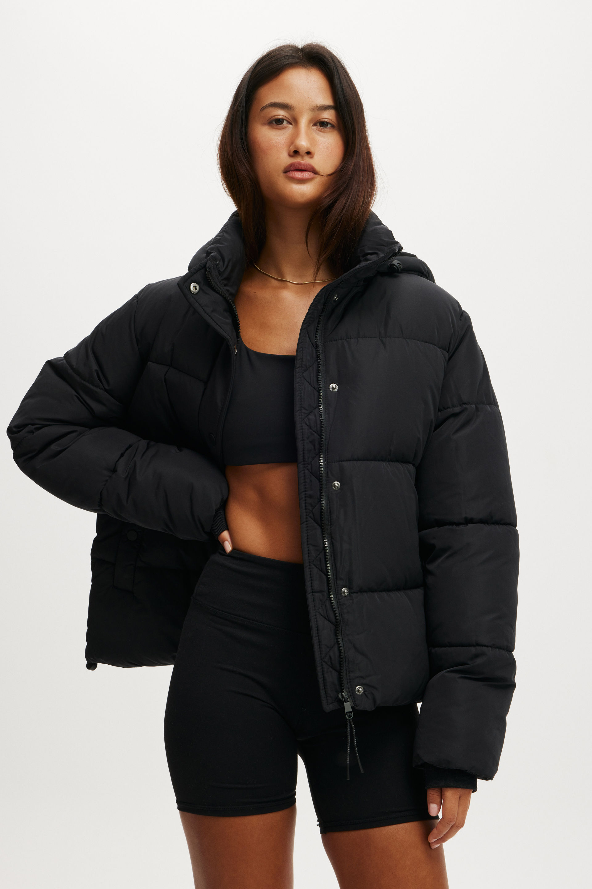 The Mother Puffer Removable Hood Jacket black