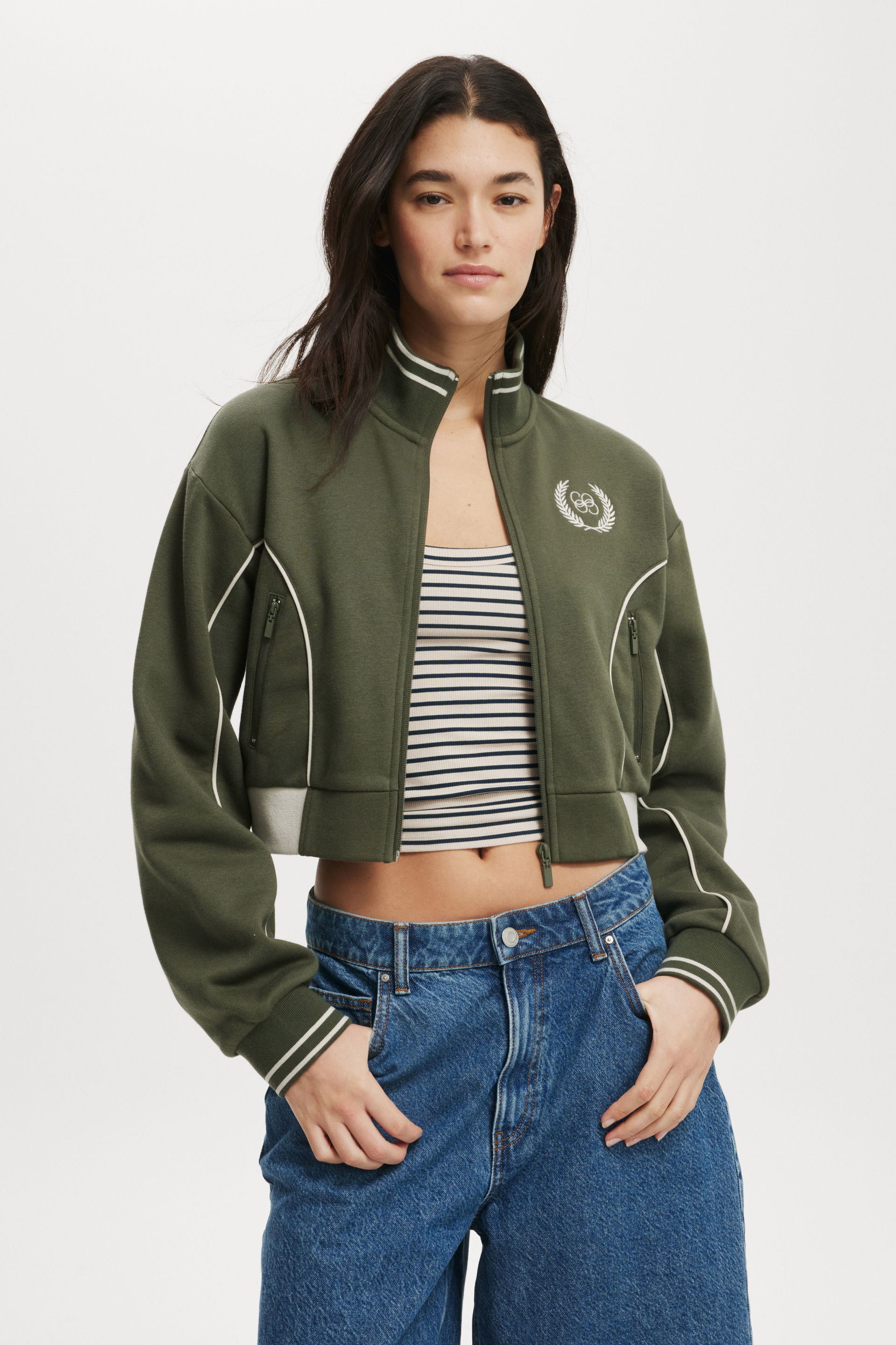 Graphic Cropped Zip Through co crest / dark olive