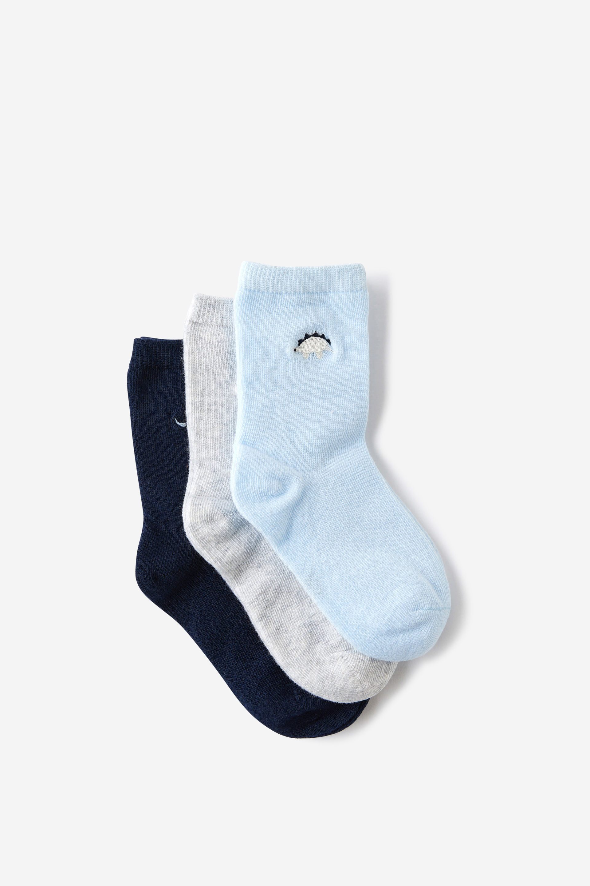 Kids 3Pk Crew Socks in the navy dino/cloud marle dino/frosty blue