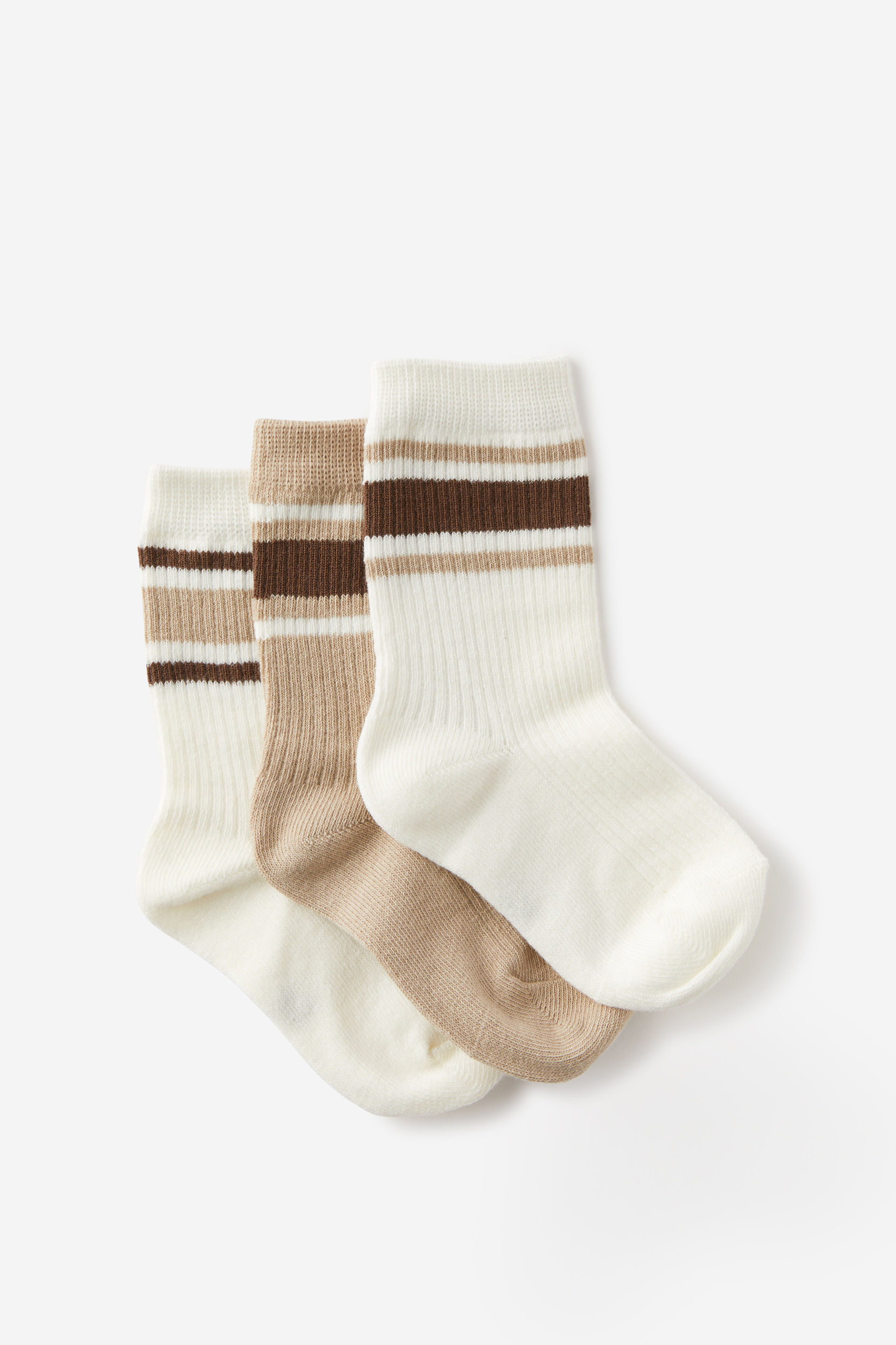 Kids 3Pk Crew Socks mocha/rainy day stripes