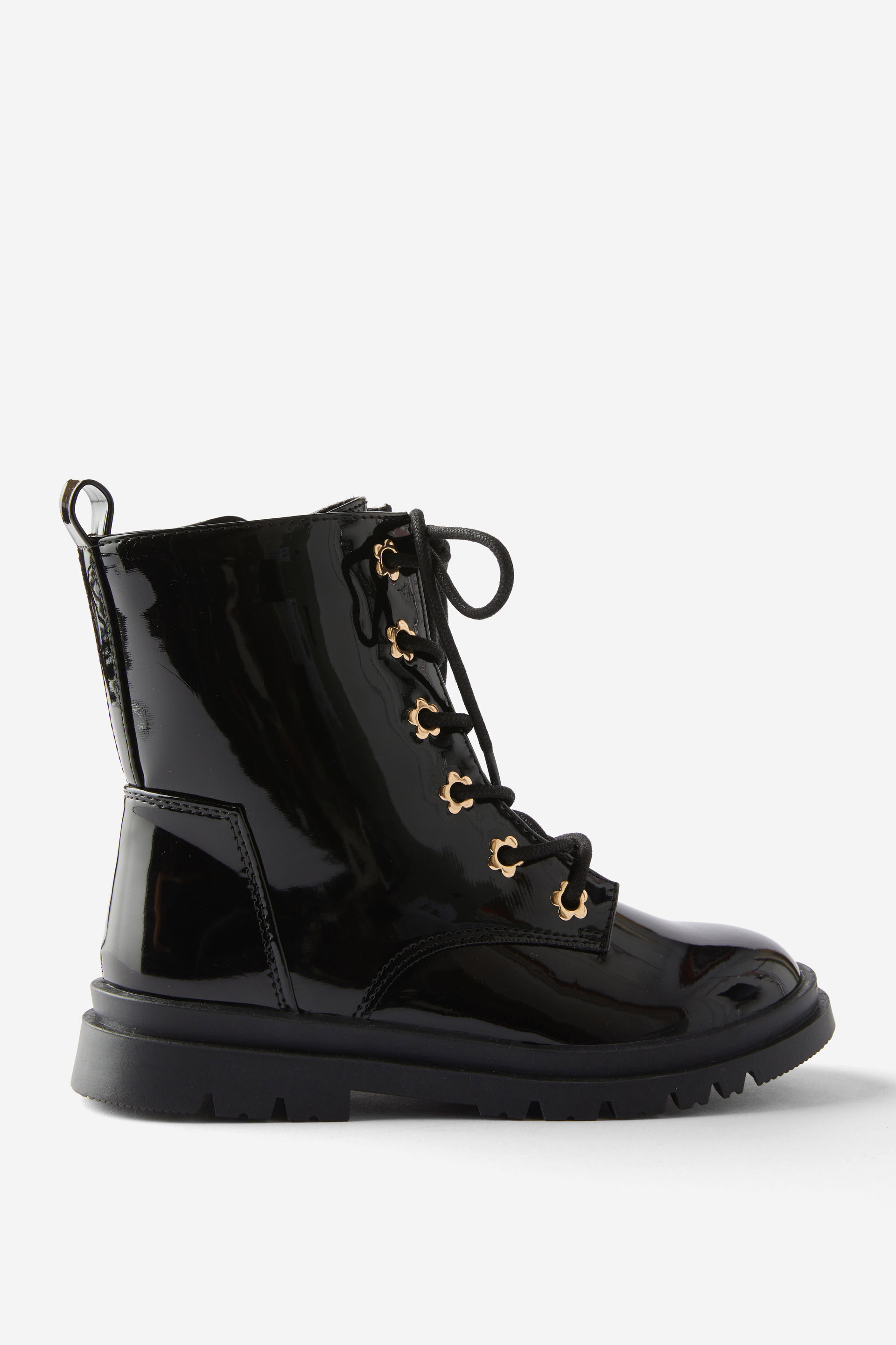Combat Lug Boot black patent/gold flower eyelets