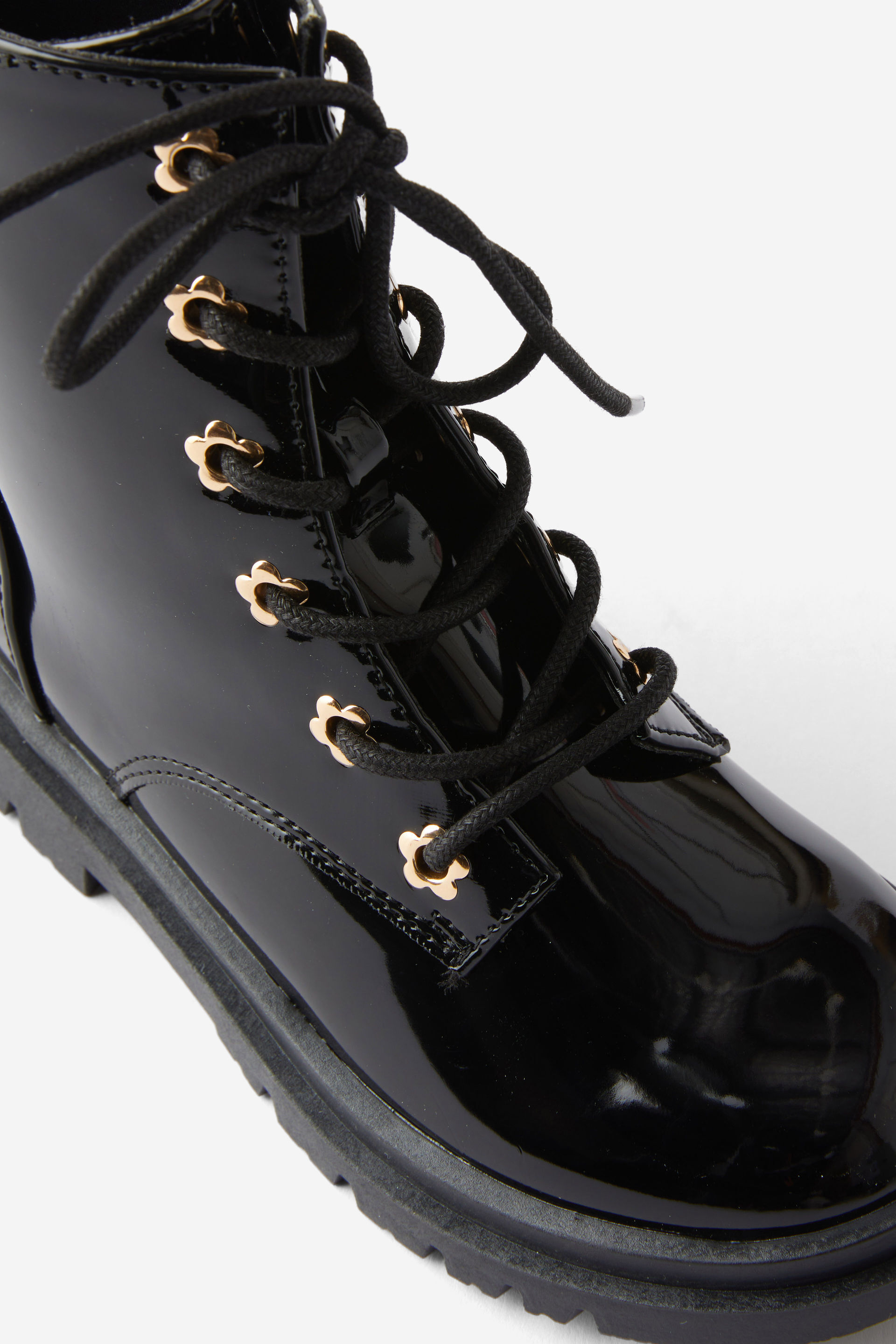 Combat Lug Boot black patent/gold flower eyelets