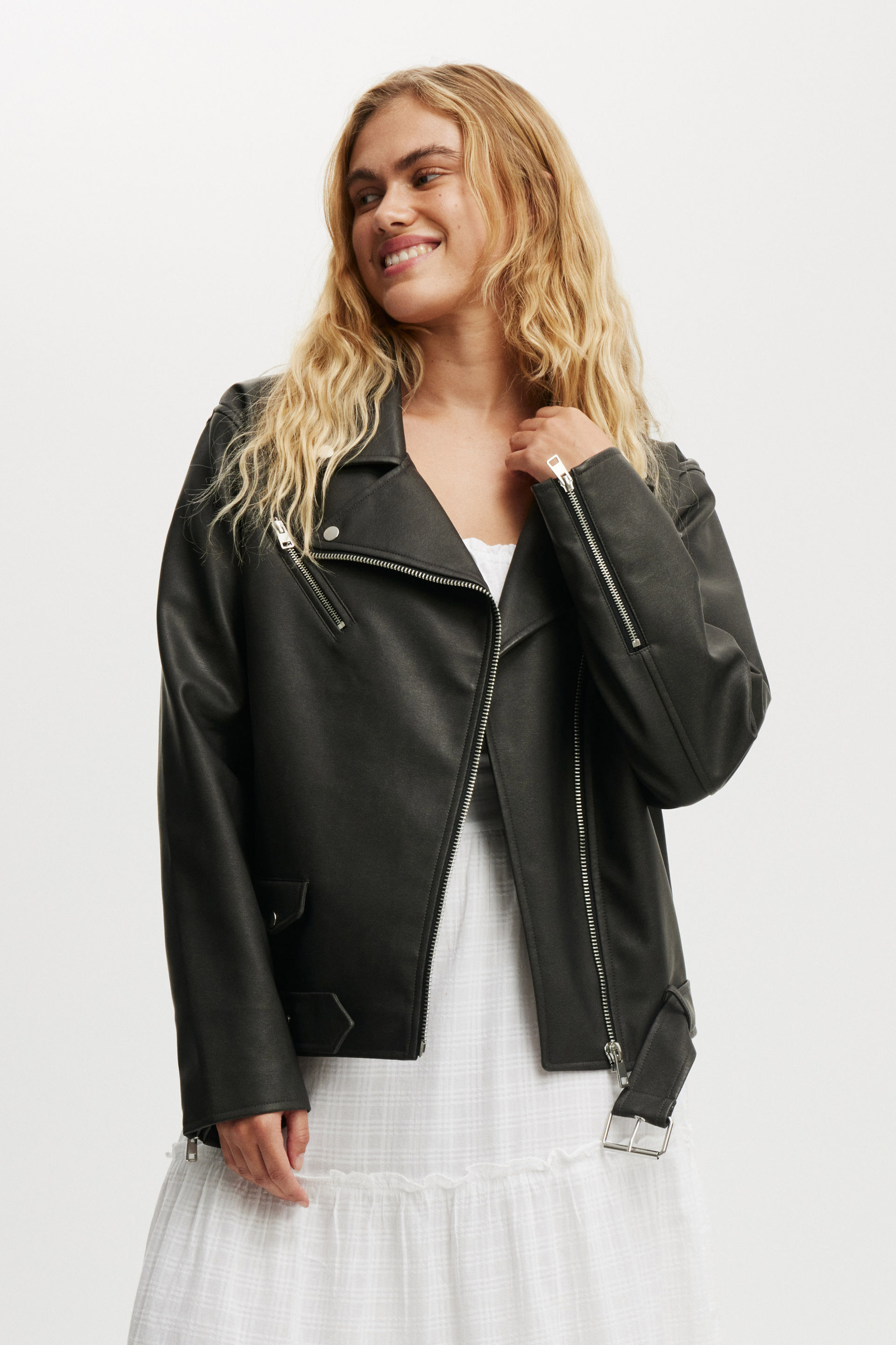 Roman Faux Leather Biker Jacket washed black