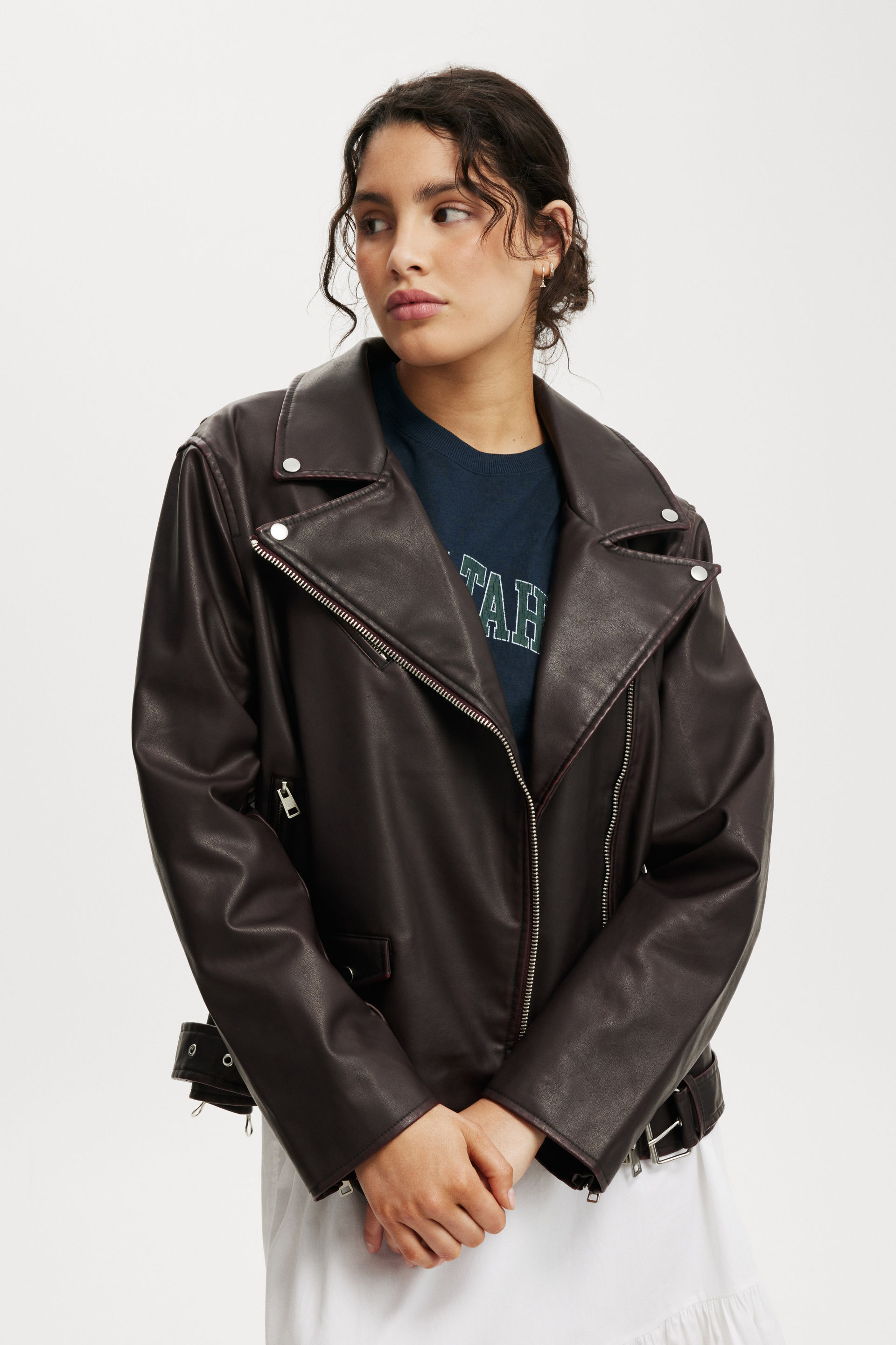 Roman Faux Leather Biker Jacket cherry choc