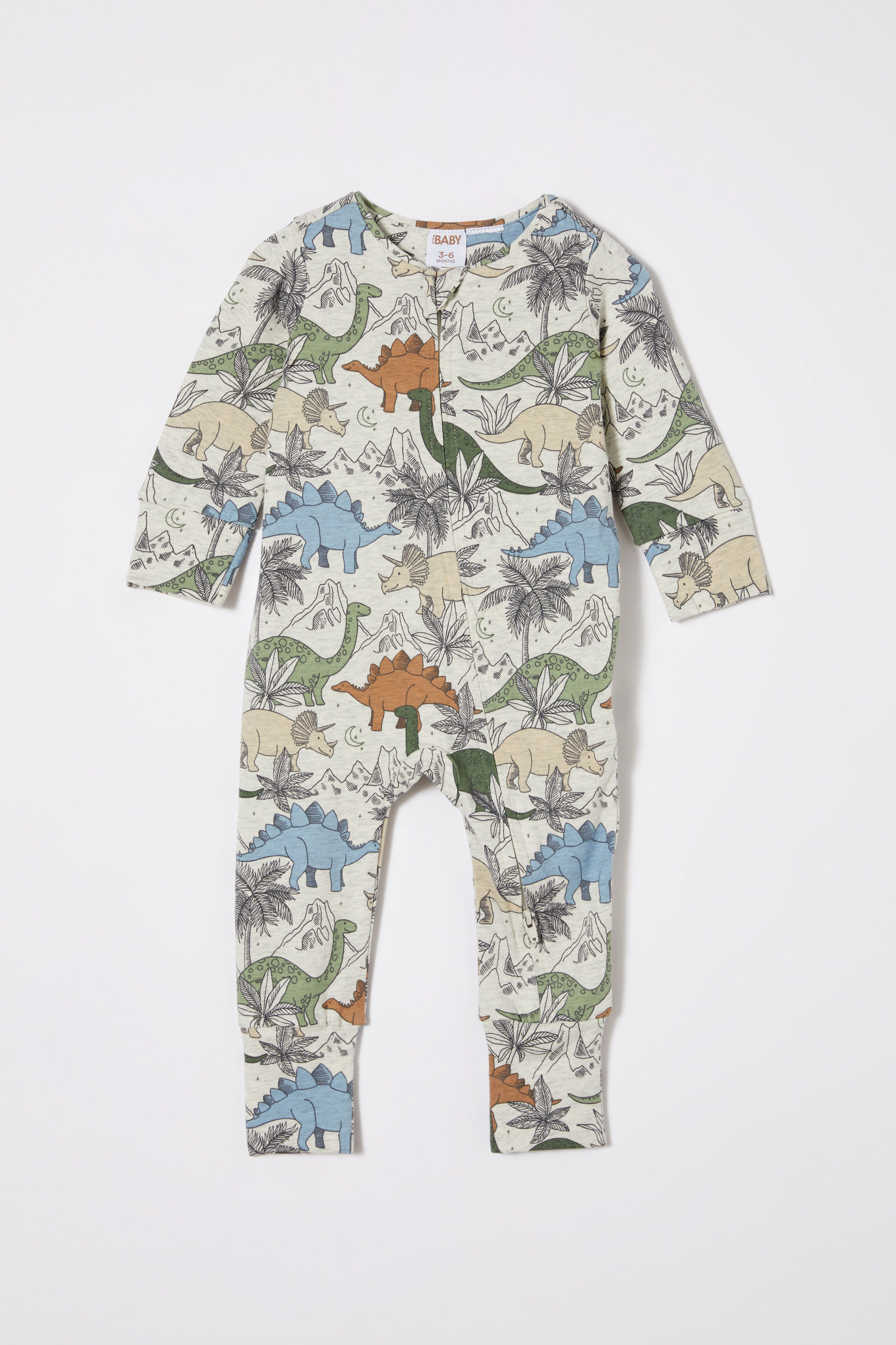 The Billie Long Sleeve Zip Romper oatmeal marle/dino night