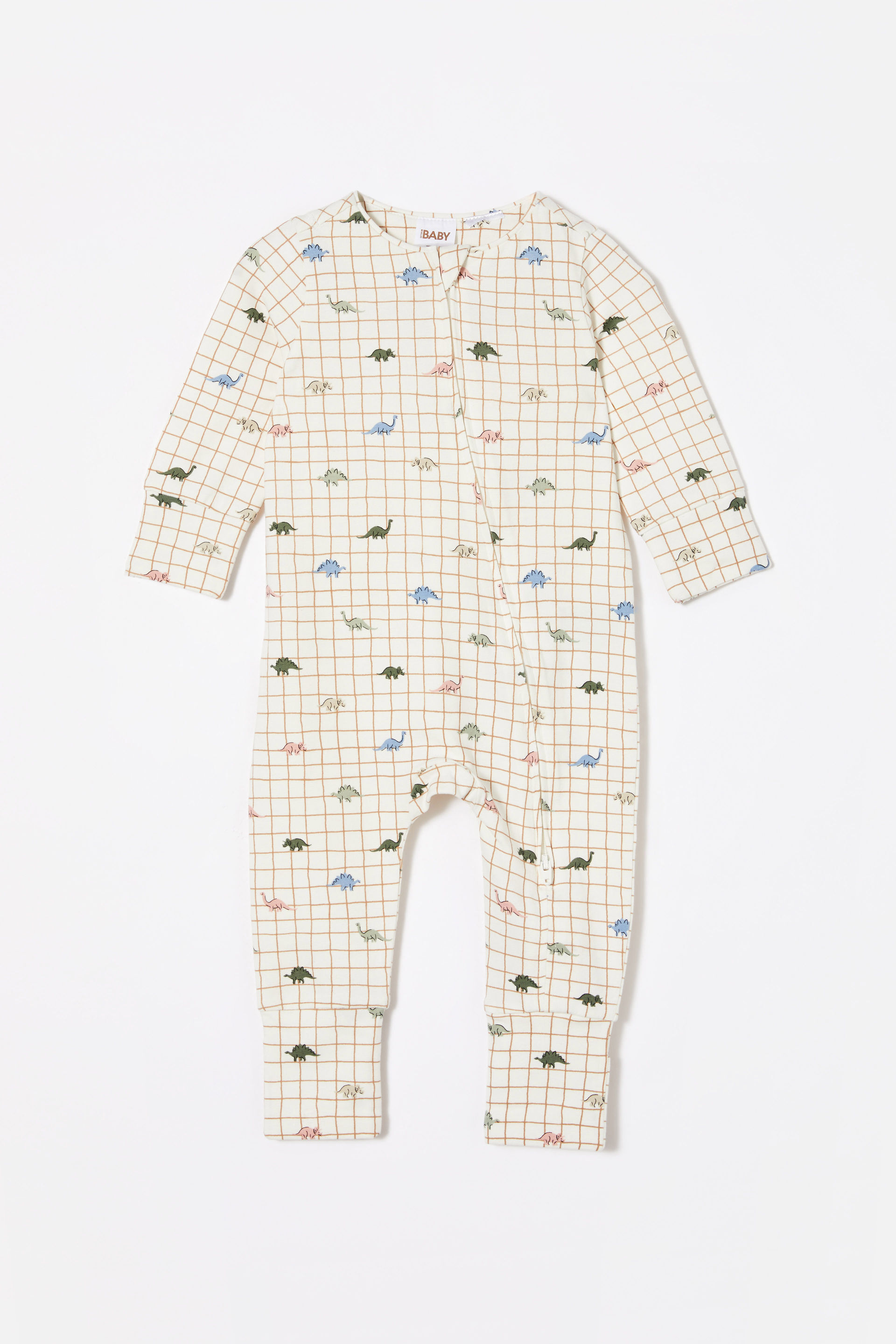 The Billie Long Sleeve Zip Romper vanilla/grid dino