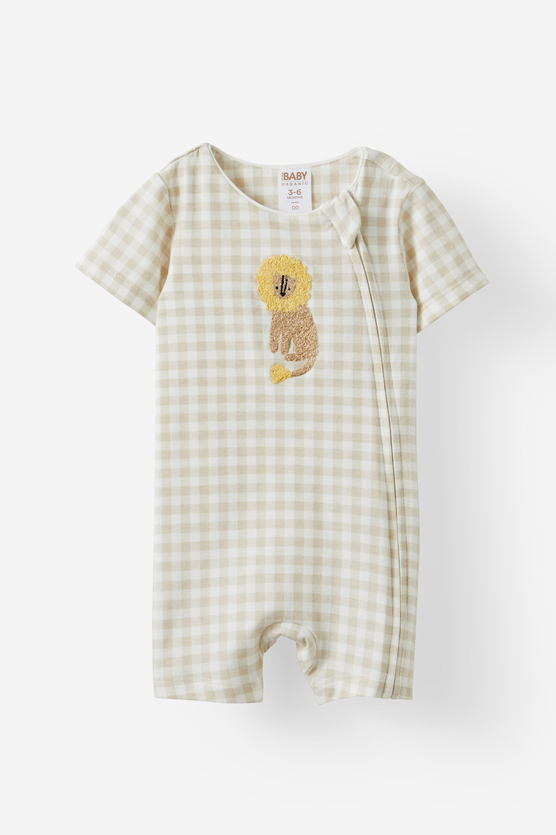 The Billie Short Sleeve Zip Romper rainy day/lion gingham