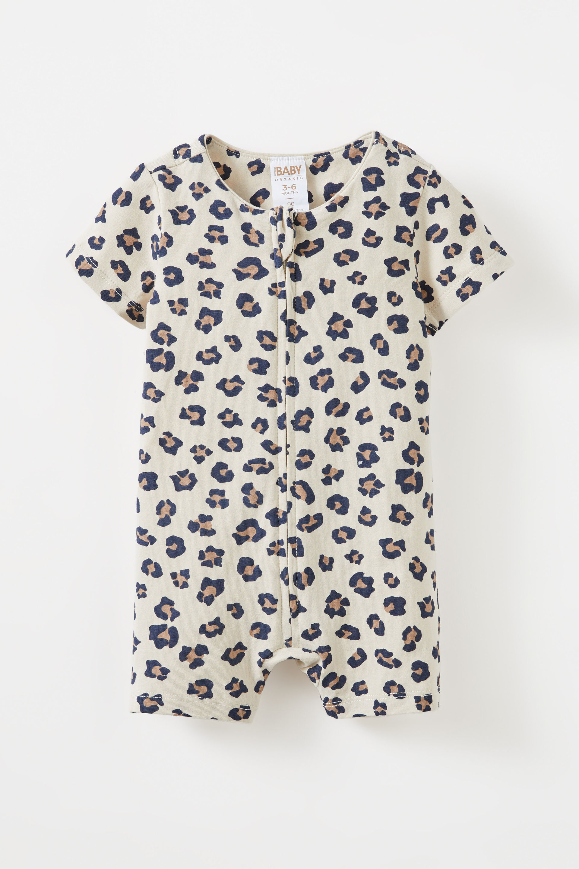 The Billie Short Sleeve Zip Romper rainy day/animal spots