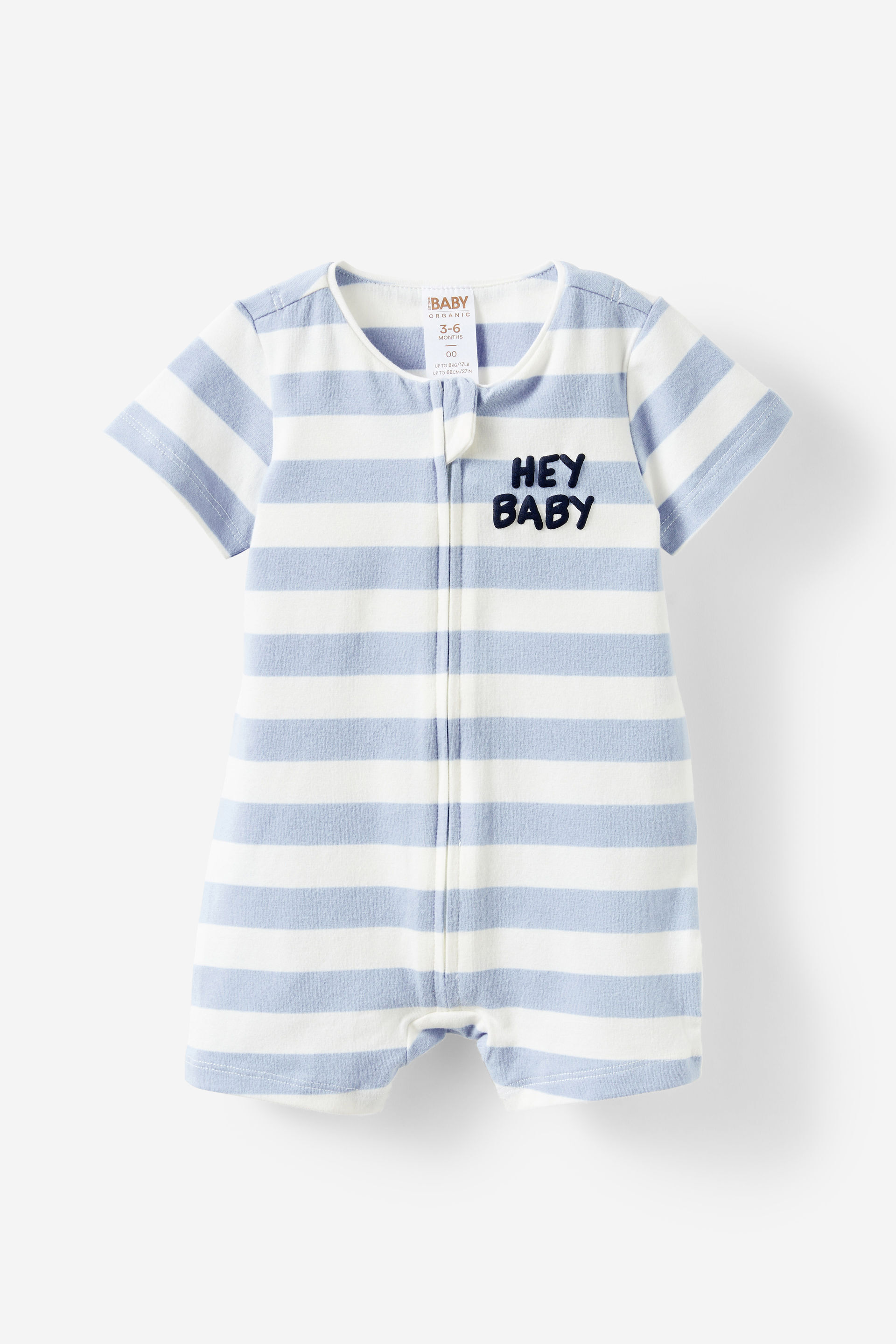 The Billie Short Sleeve Zip Romper dawn blue/hey baby rugby stripe