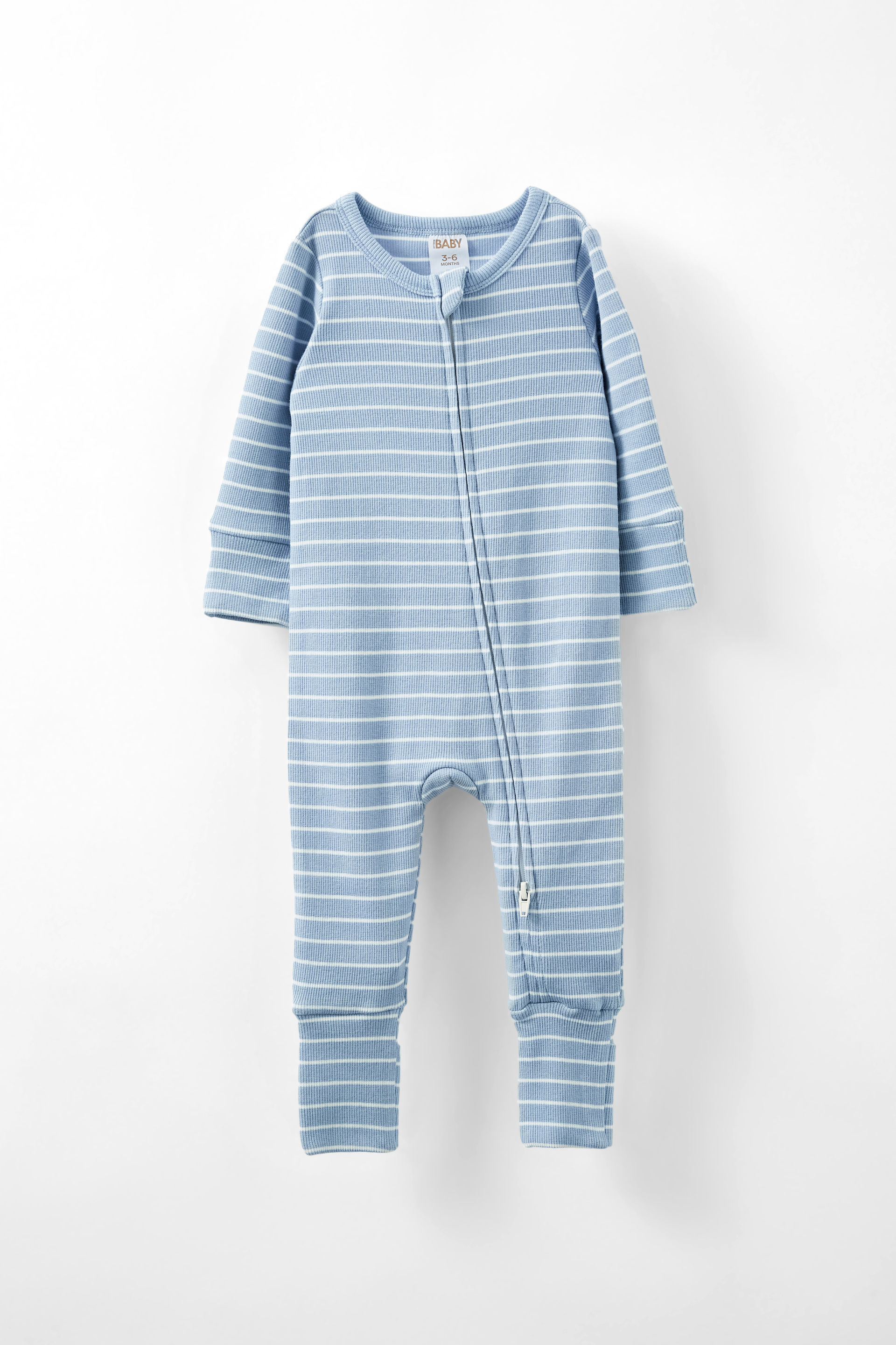 The Billie Long Sleeve Rib Romper dusty blue/vanilla riley stripe