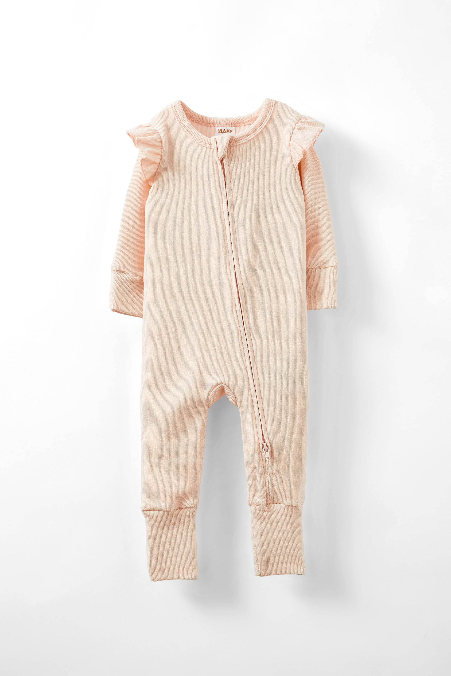 The Billie Long Sleeve Rib Romper pink pearl logo