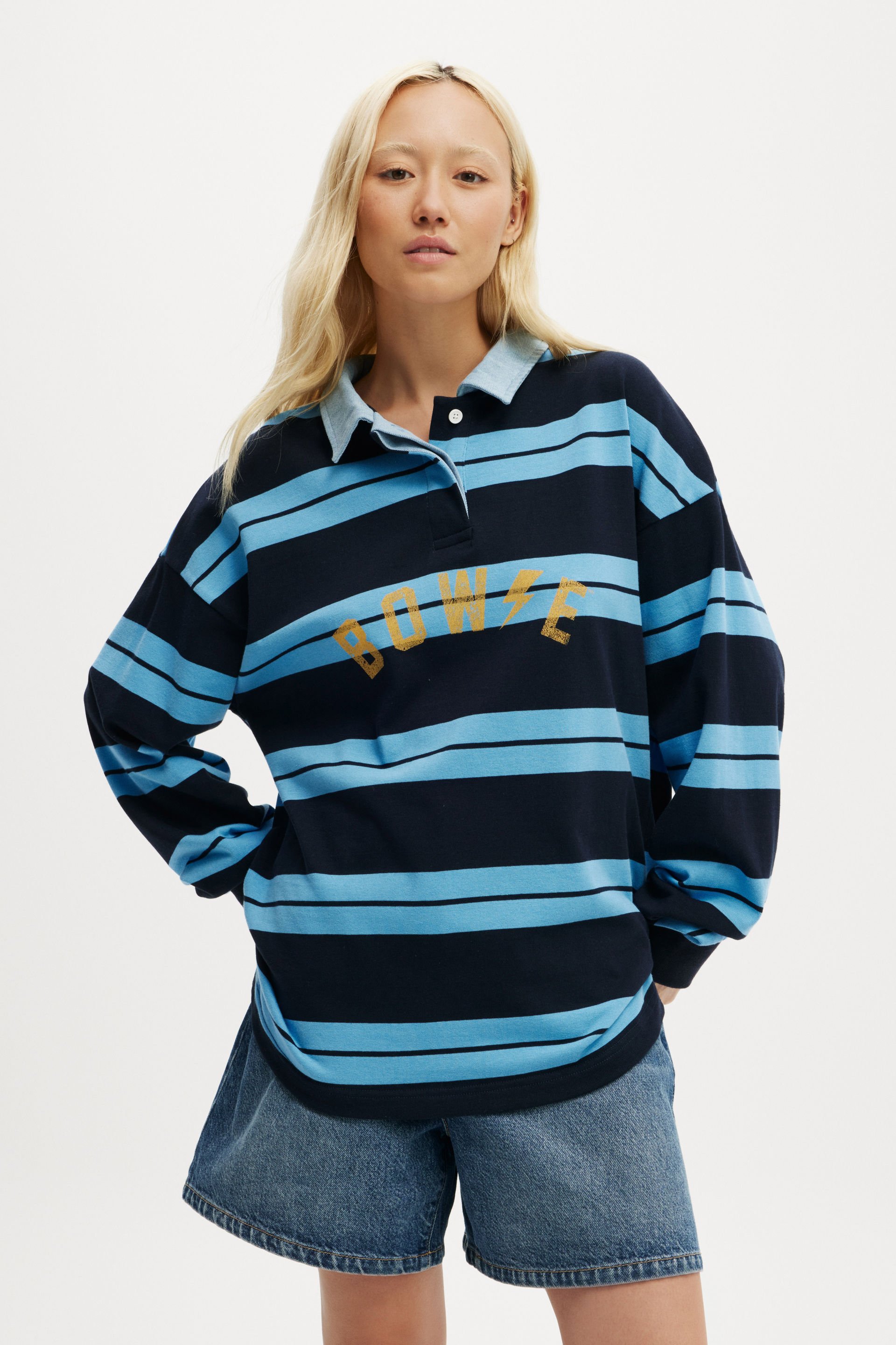 David Bowie Long Sleeve Polo lcn per bowie / blue bouy stripe