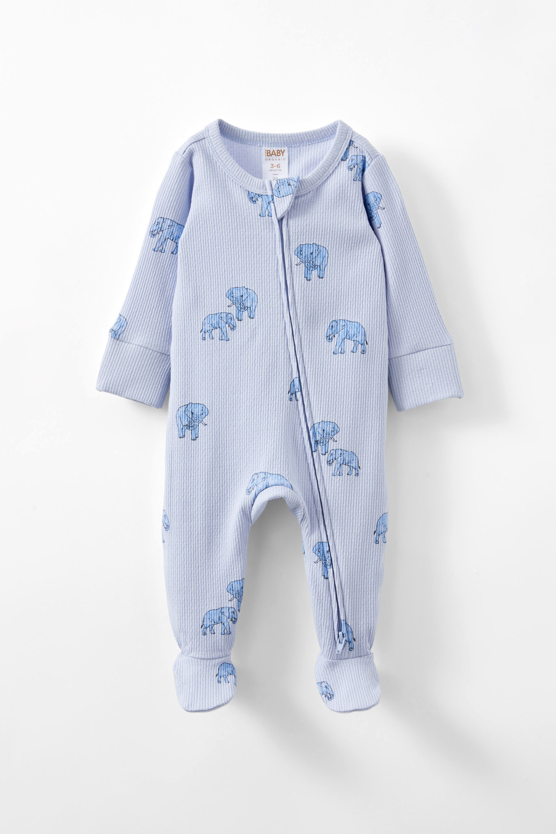 Organic Pointelle Zip All In One Romper periwinkle/elephant