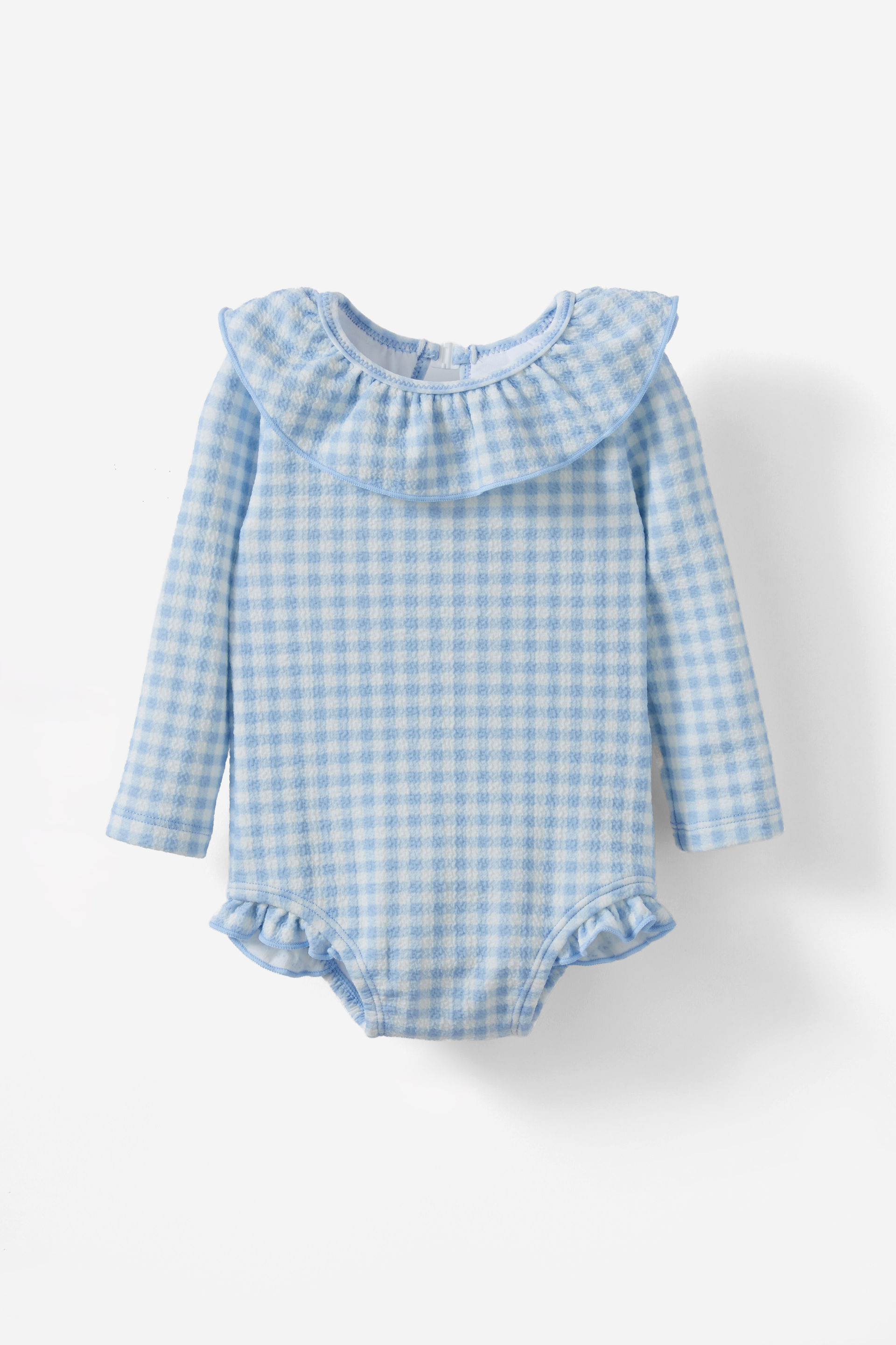 Bonnie Long Sleeve Ruffle One Piece (Keyhole Back) dawn blue/mini gingham