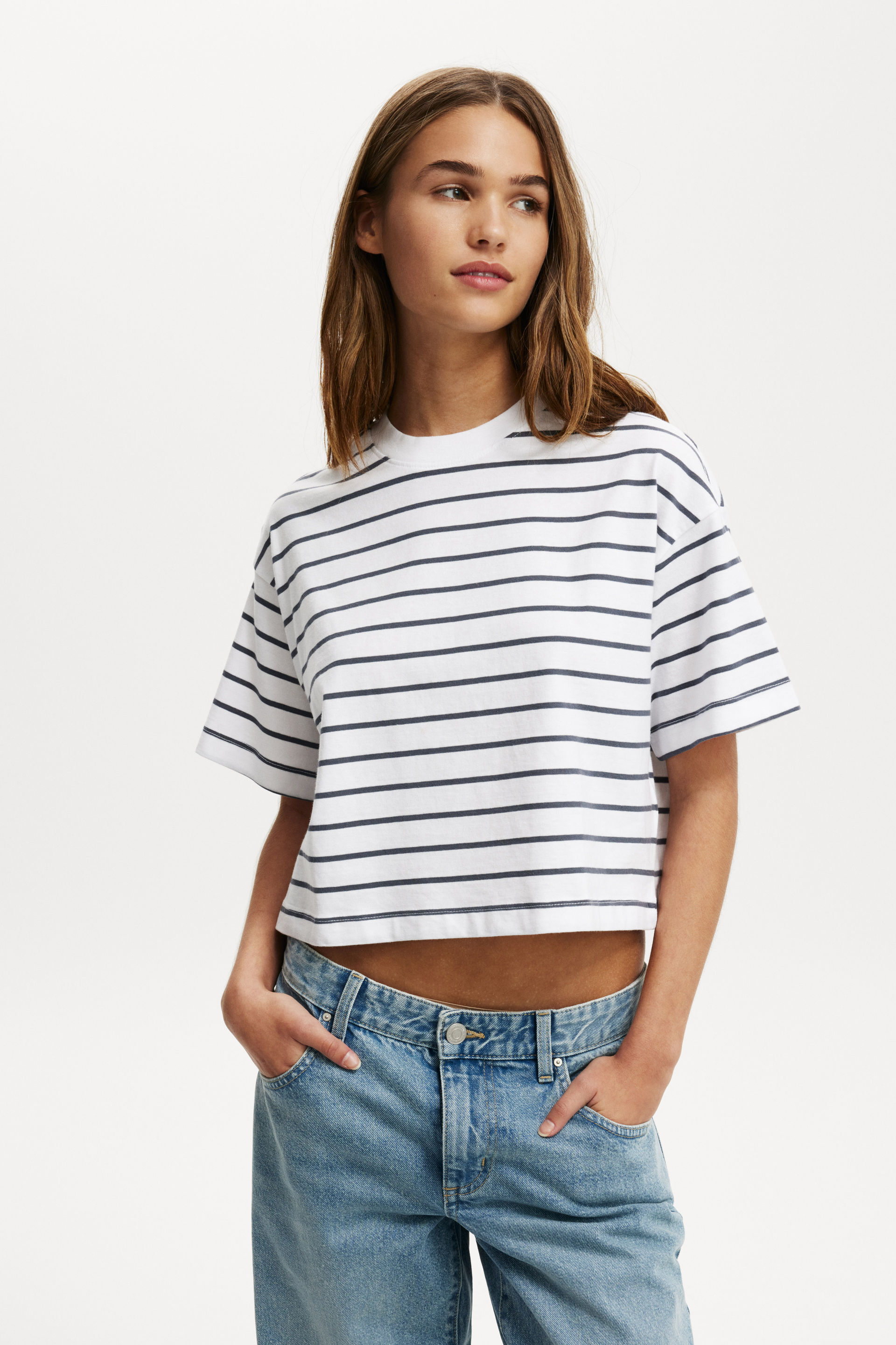 Cropped Boxy Tee trip stripe white/blue slate