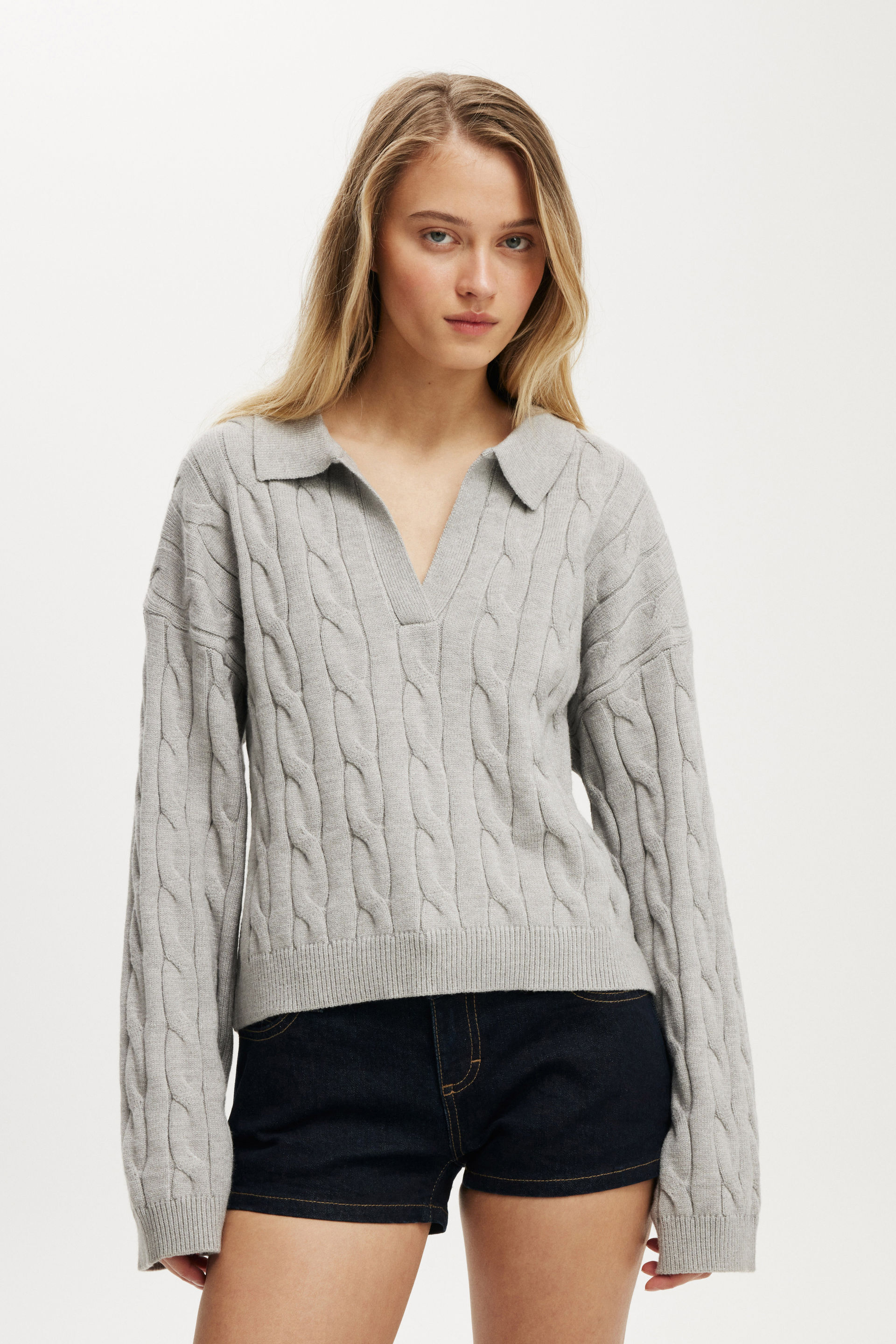 Luxe Collar Sweater grey marle cable