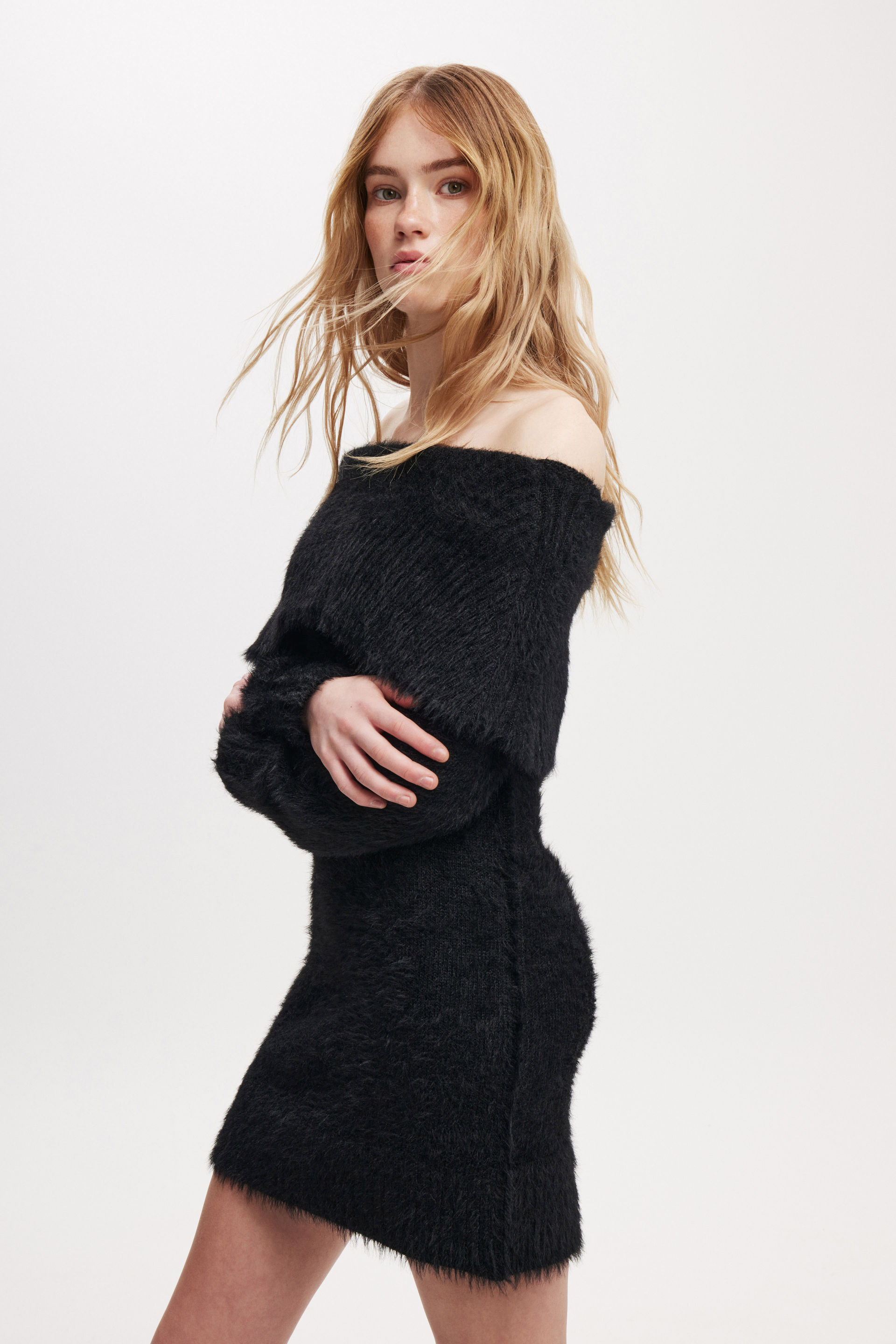 Faux Off Shoulder Sweater Dress black