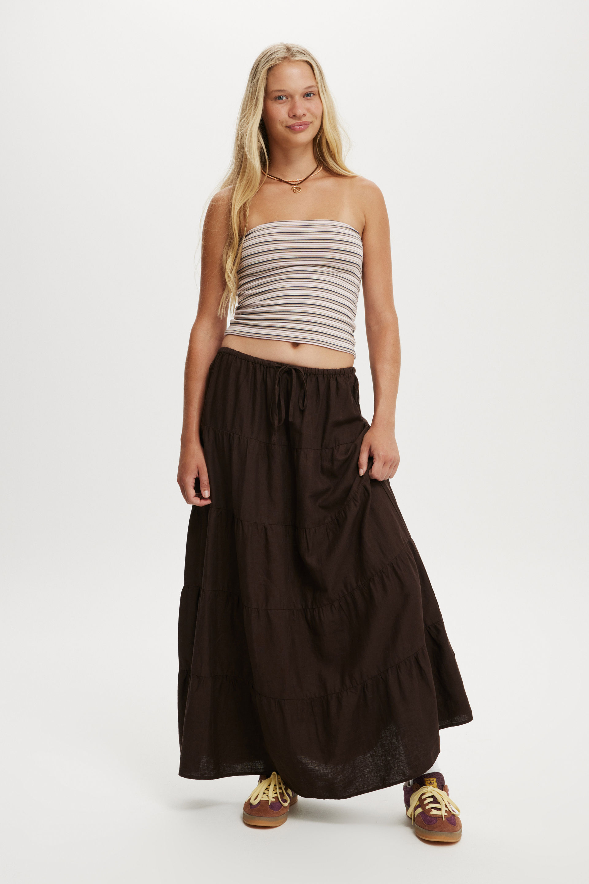 Haven Multi Tiered Maxi Skirt dark oak