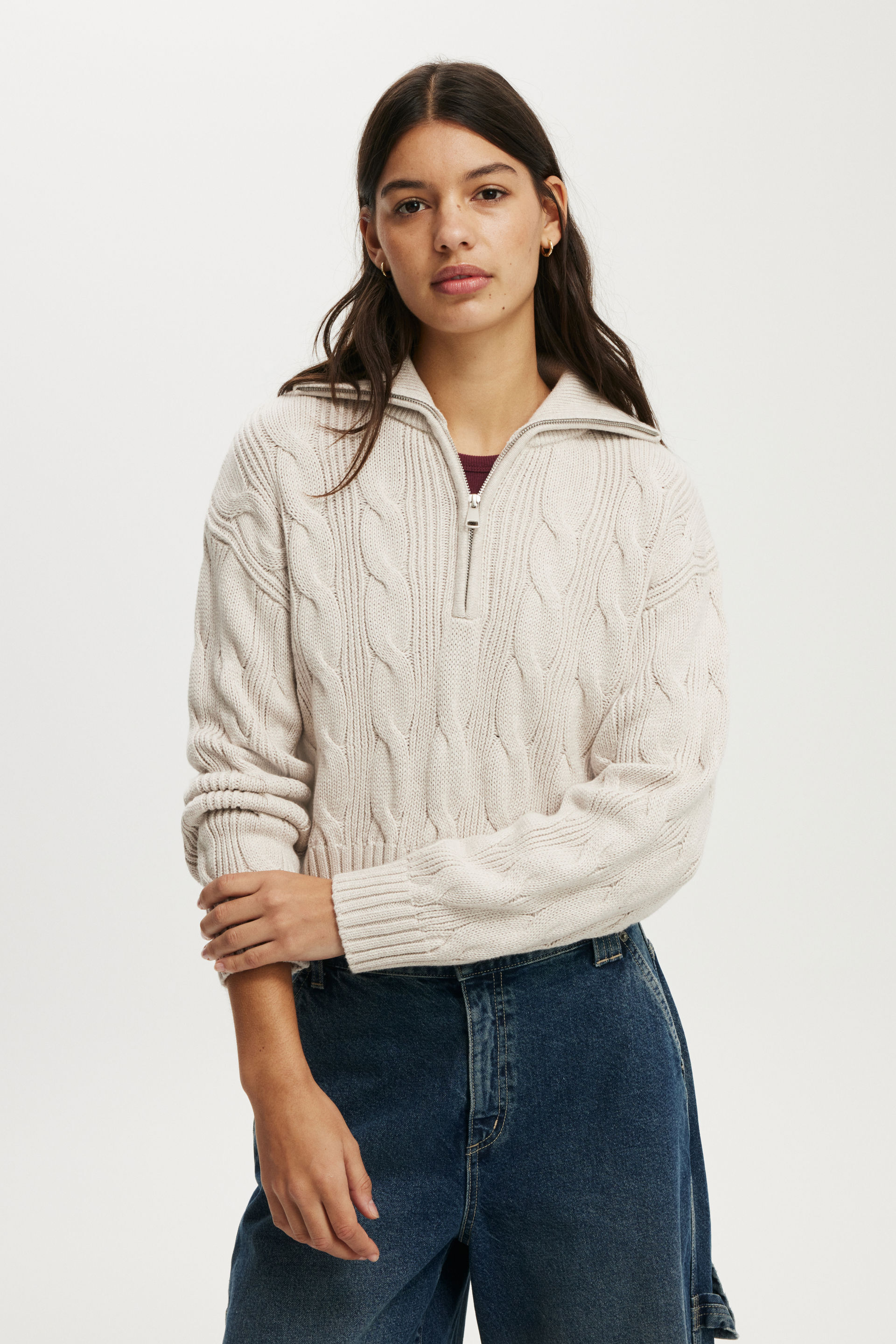 Cotton Cable Half Zip Pullover oatmeal cable