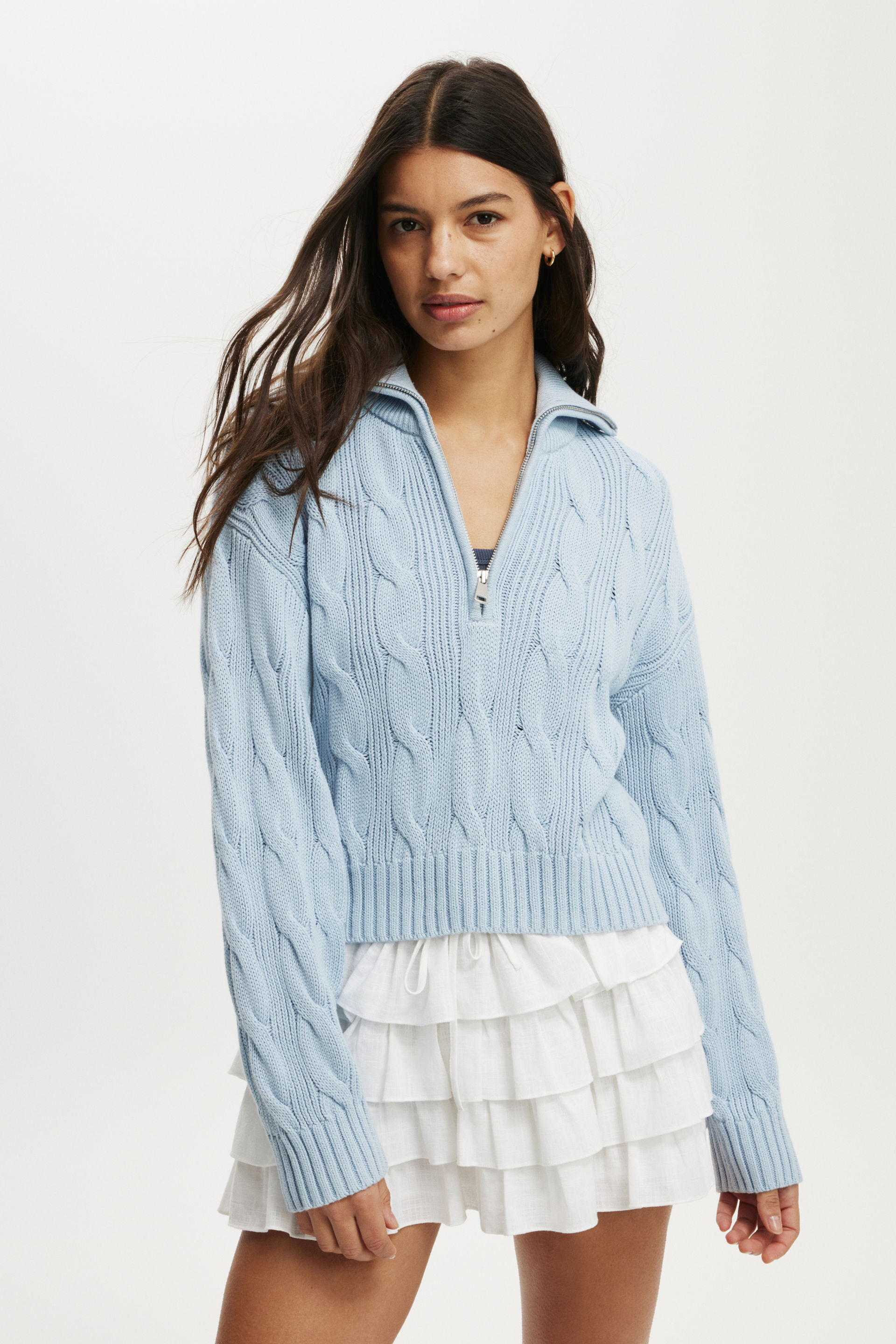 Cotton Cable Half Zip Pullover serene blue