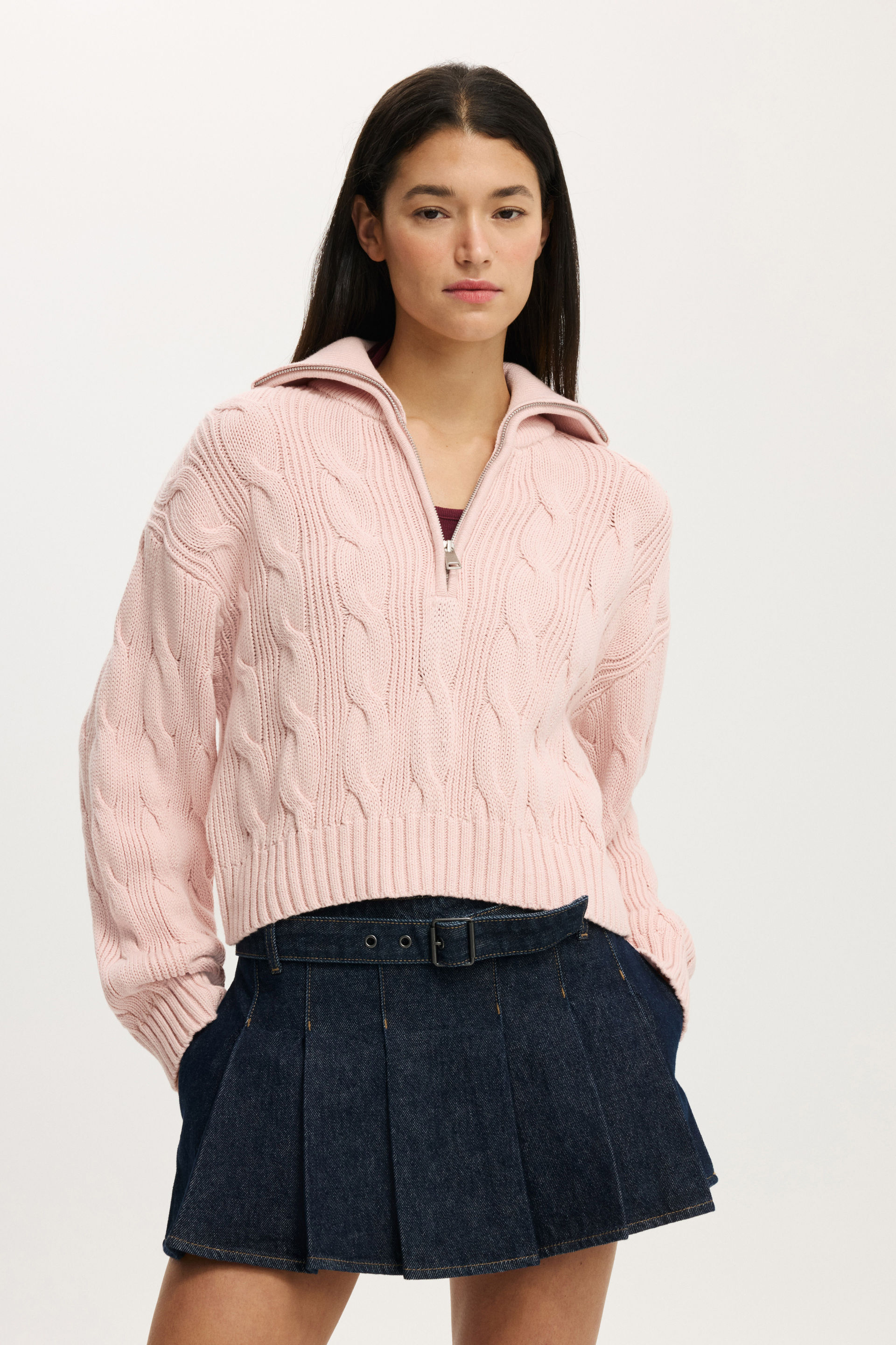 Cotton Cable Half Zip Pullover soft pink