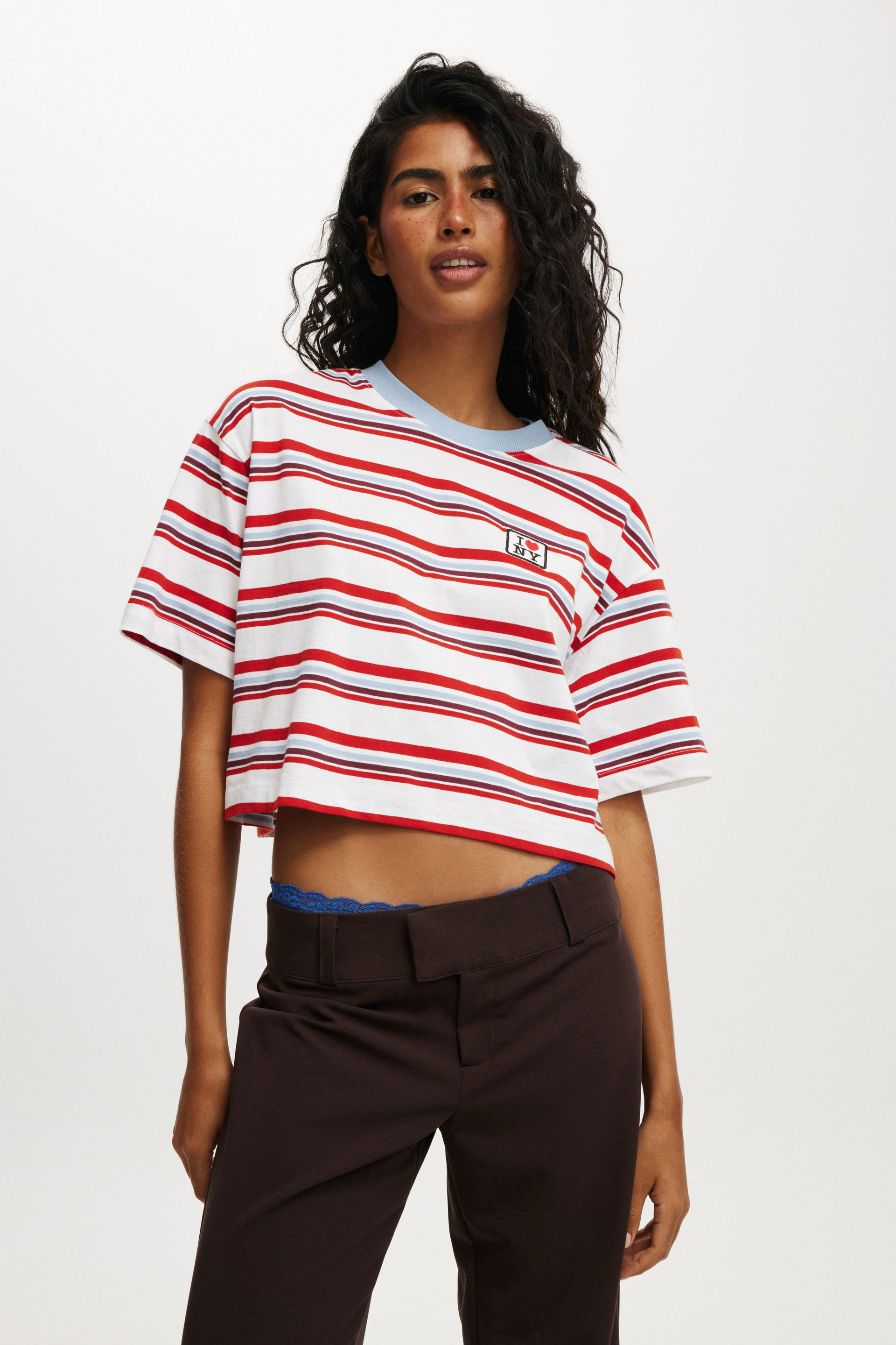 I Love NY Cropped Boxy Graphic Tee lcn i love ny badge/ stripe
