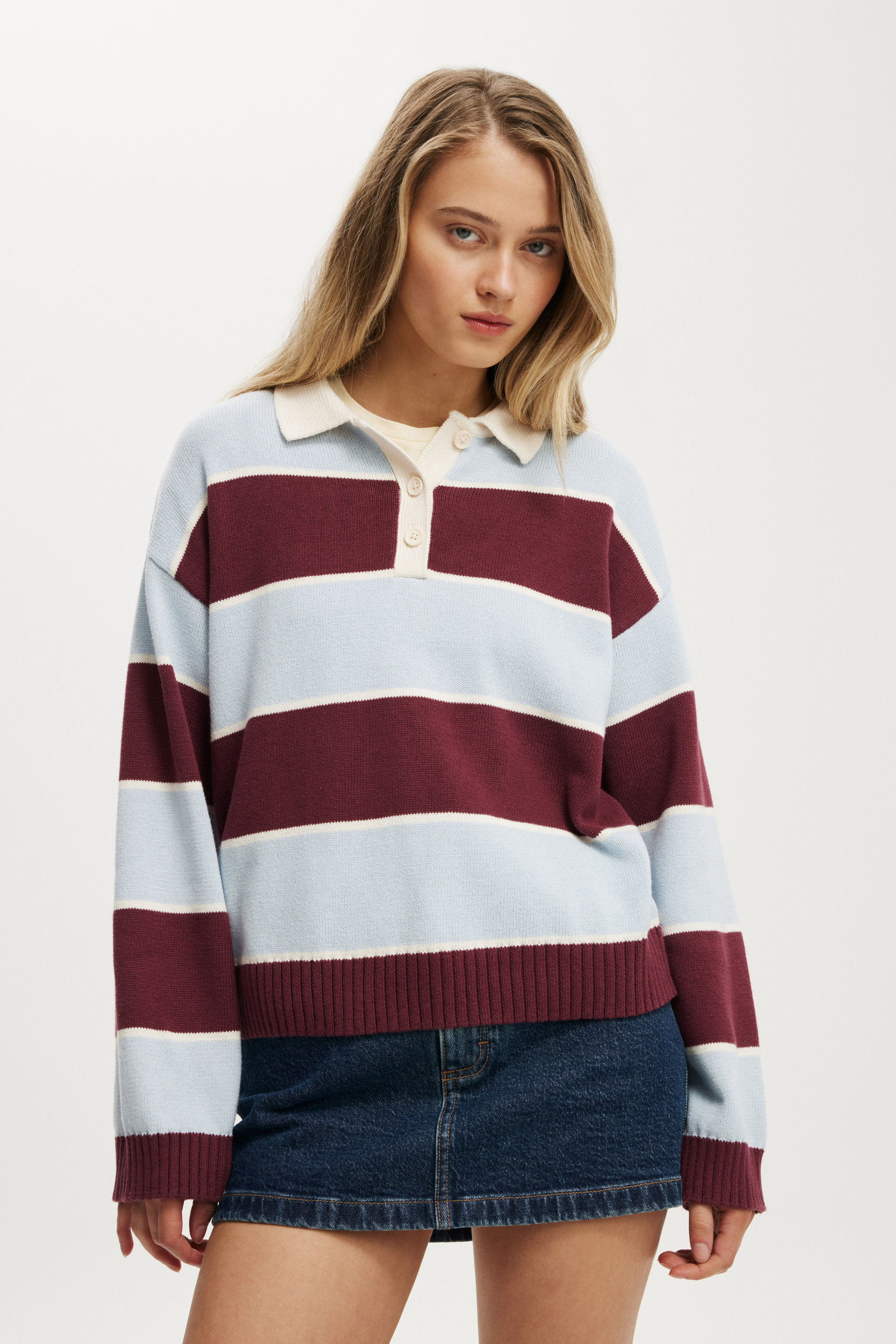 Cotton Long Sleeve Polo sour cherry stripe