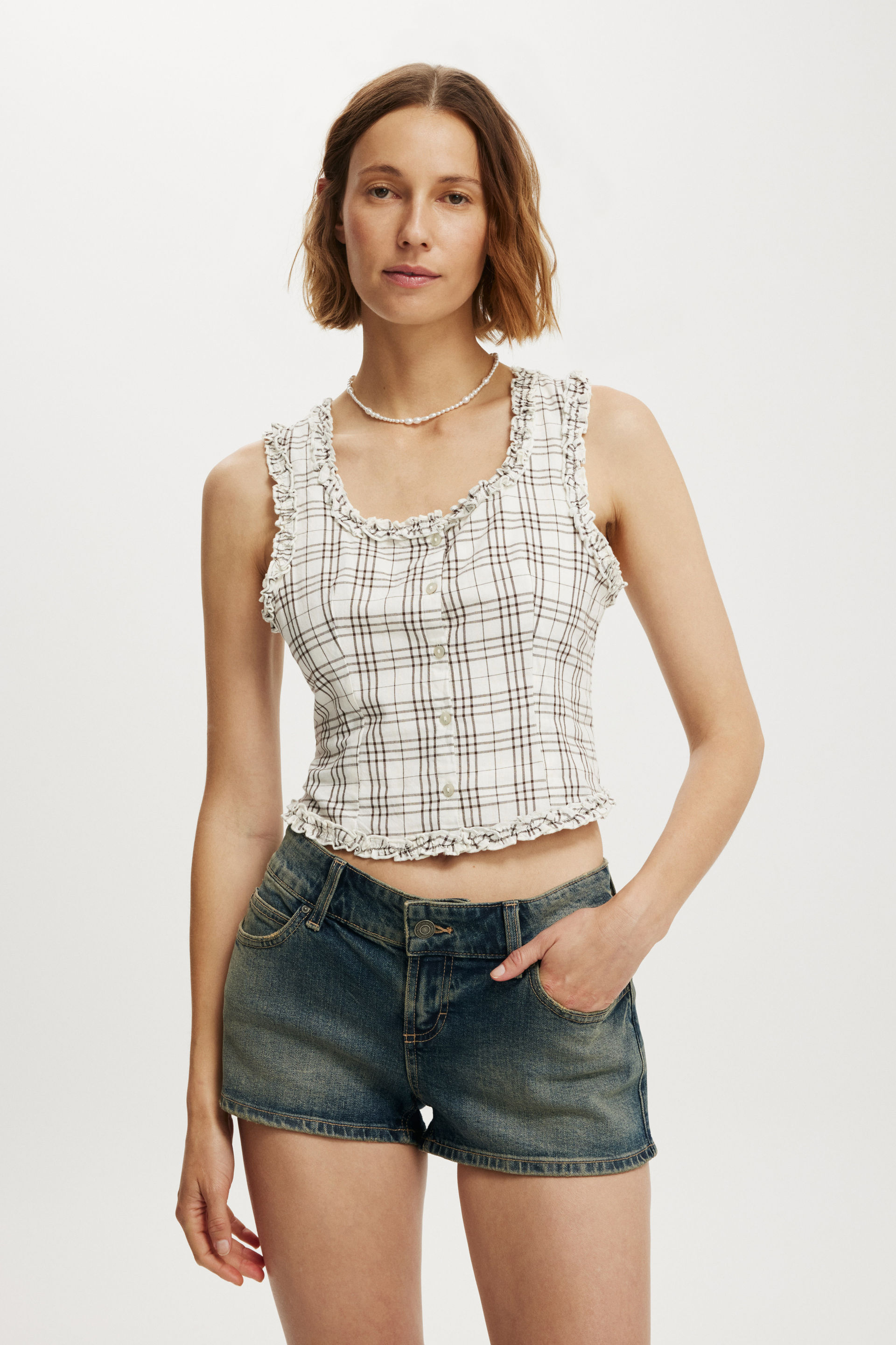 Emily Ruffle Top bethany check brown