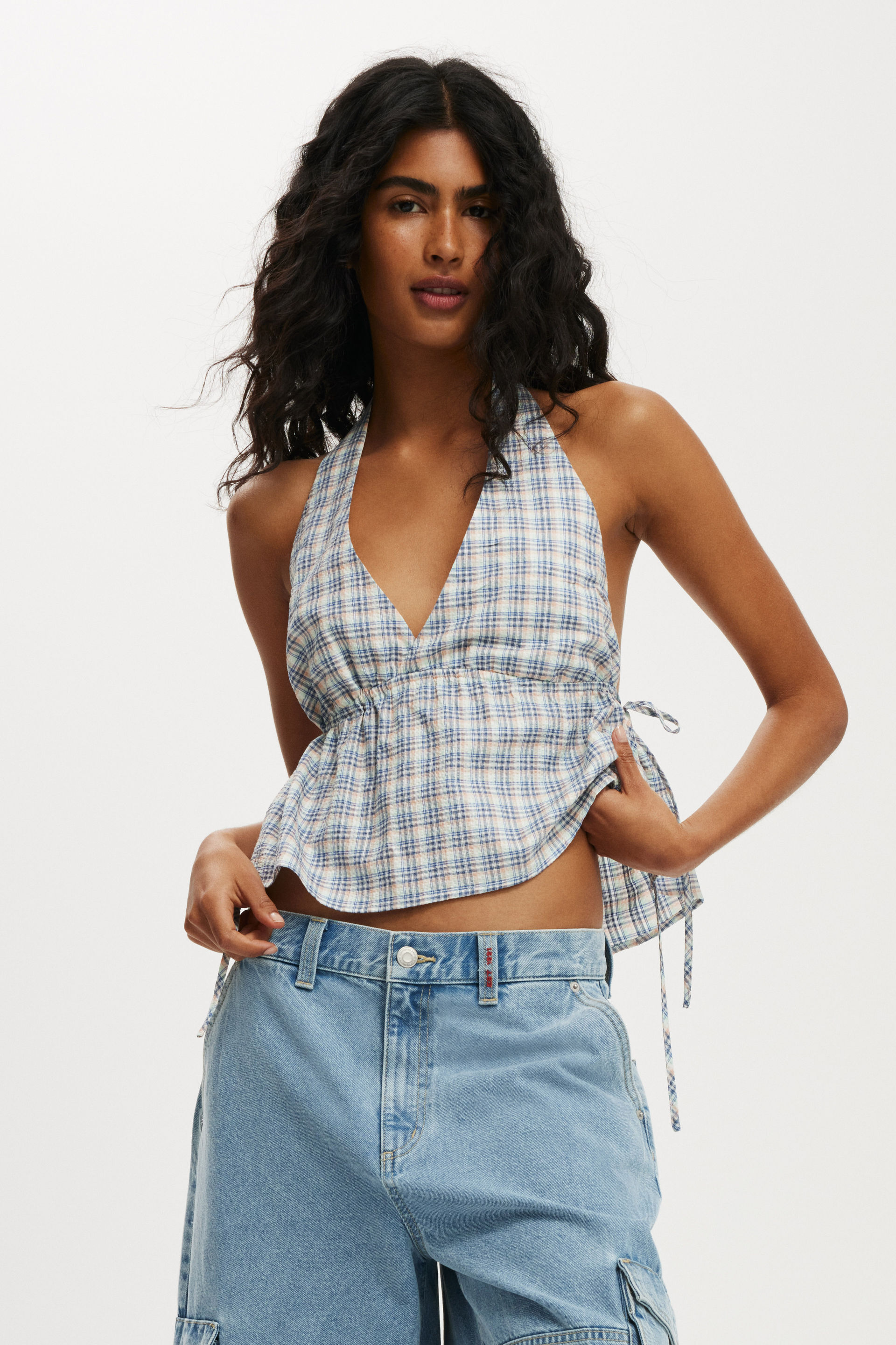 Haven Tie Side Halter Top olivia check texture
