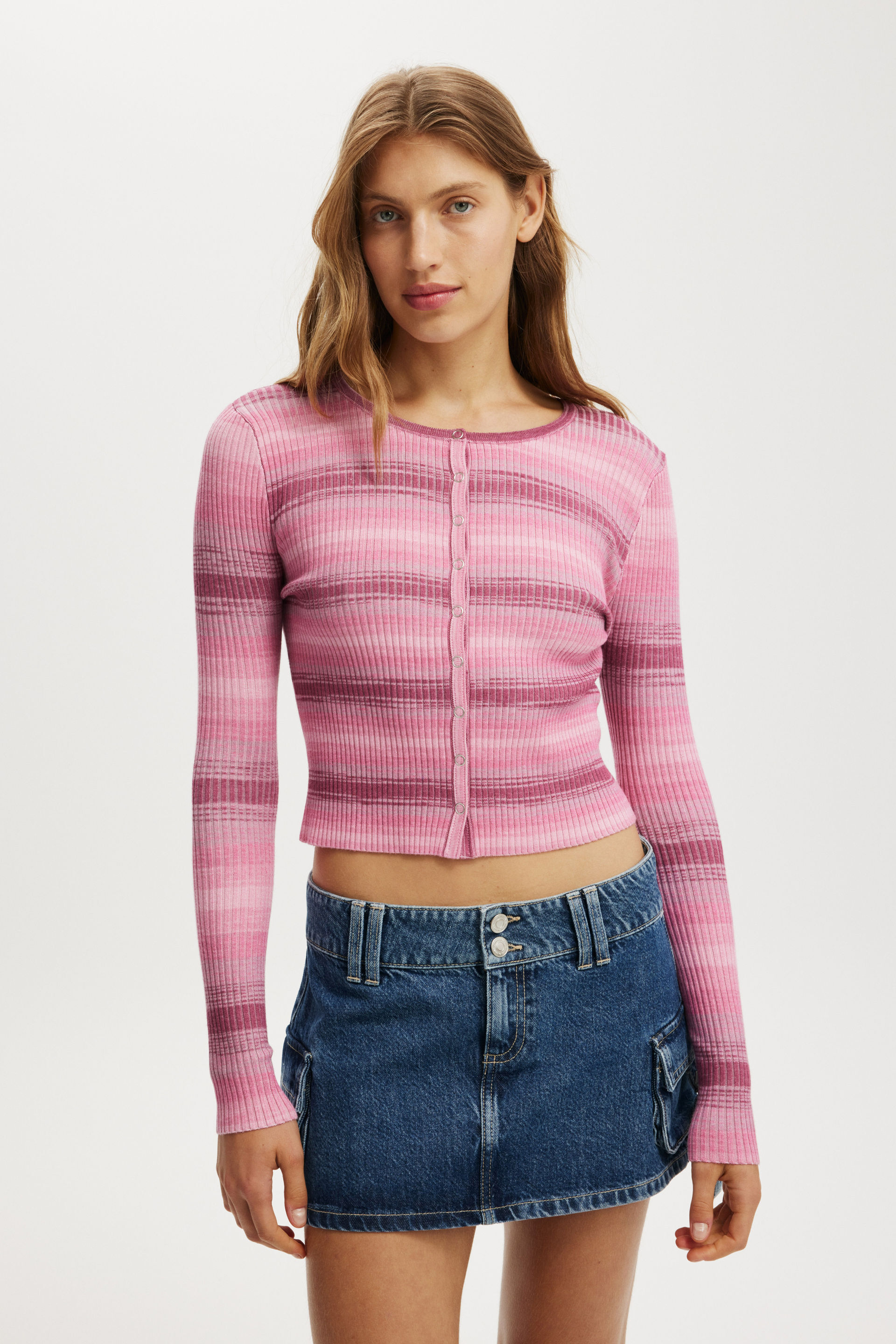 Everfine Rib Knit Cardigan pink space dye