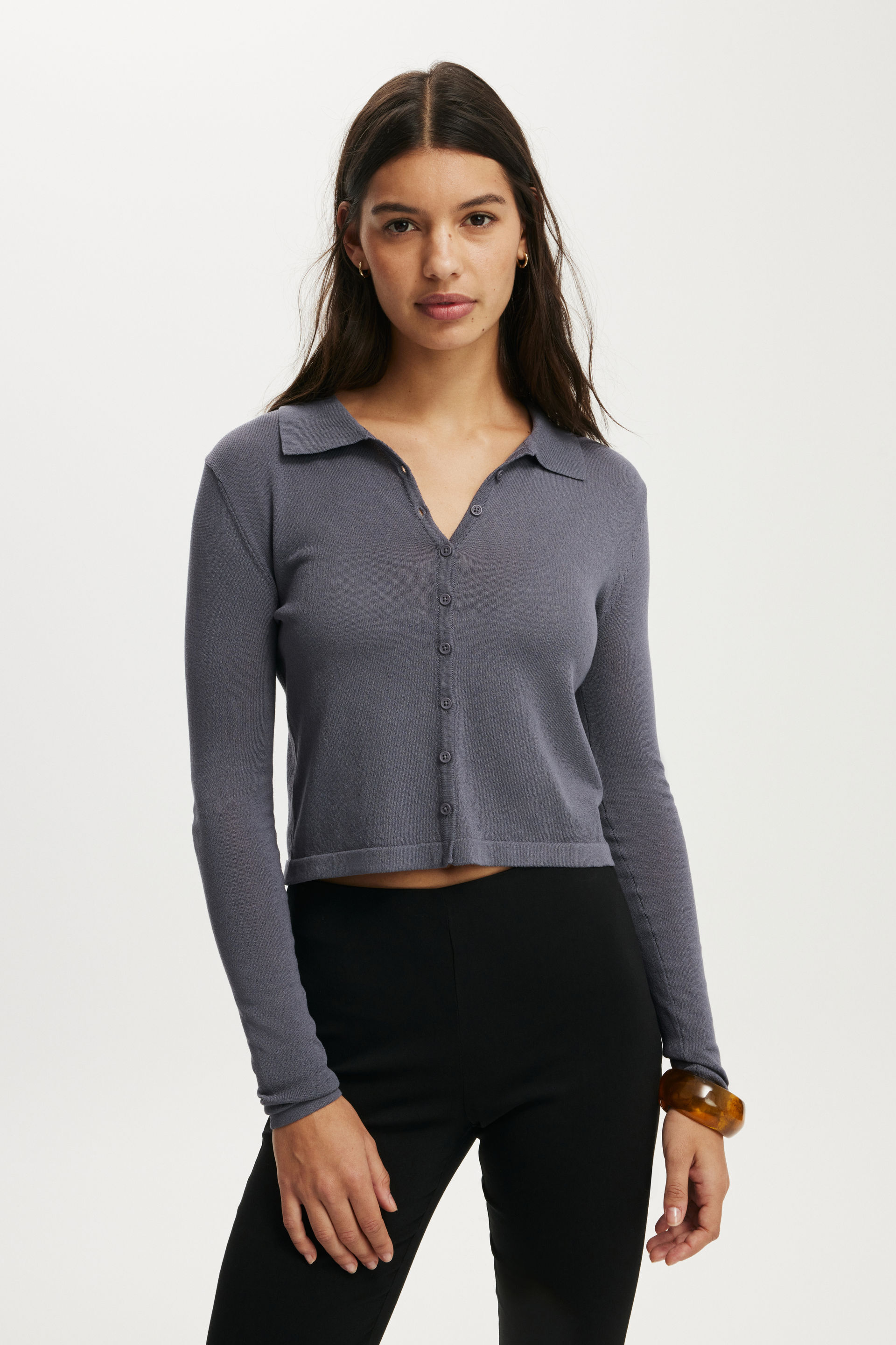 Knit Button Polo Long Sleeve slate grey