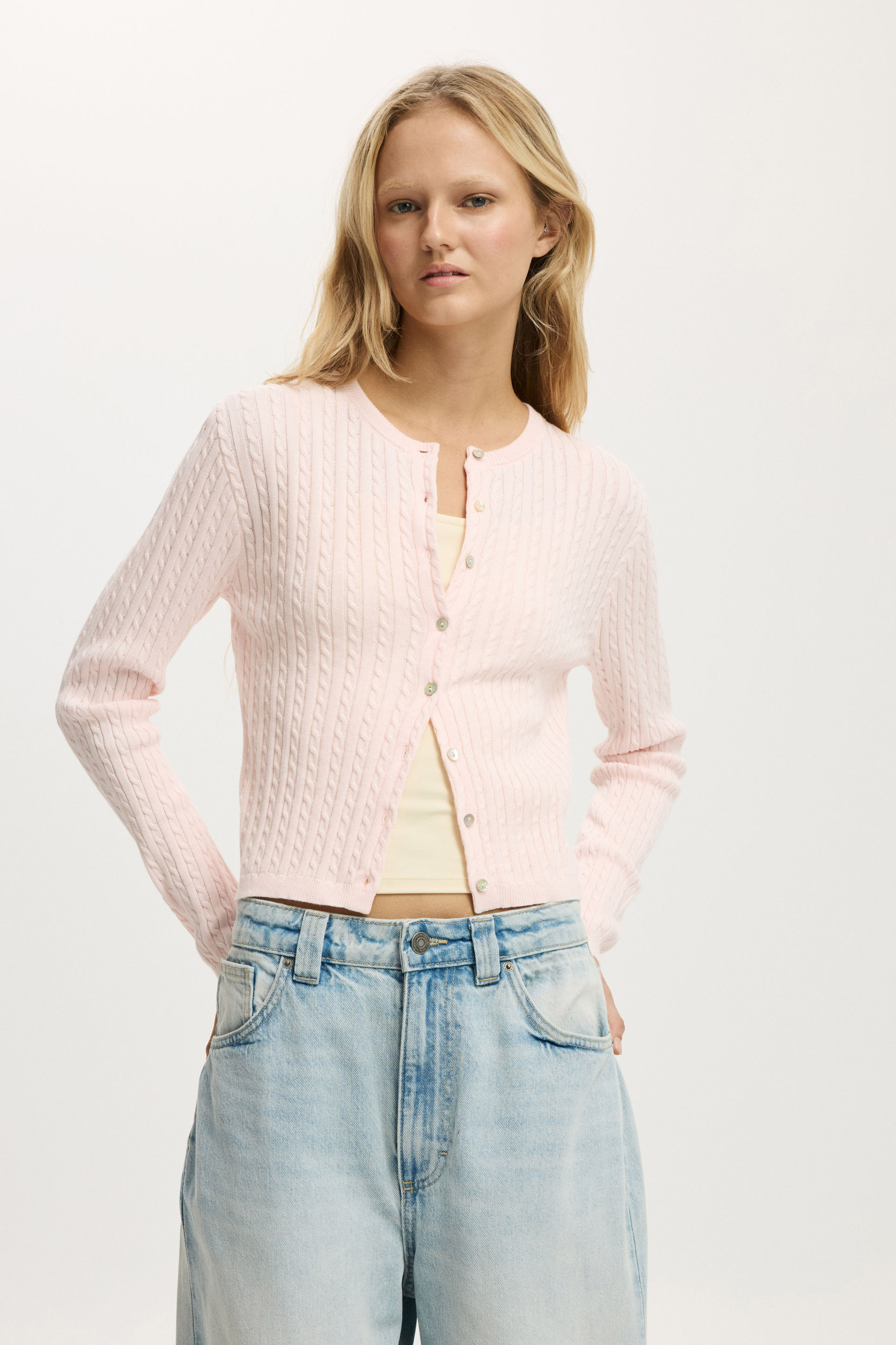 Cotton Crew Neck Cardigan pale pink