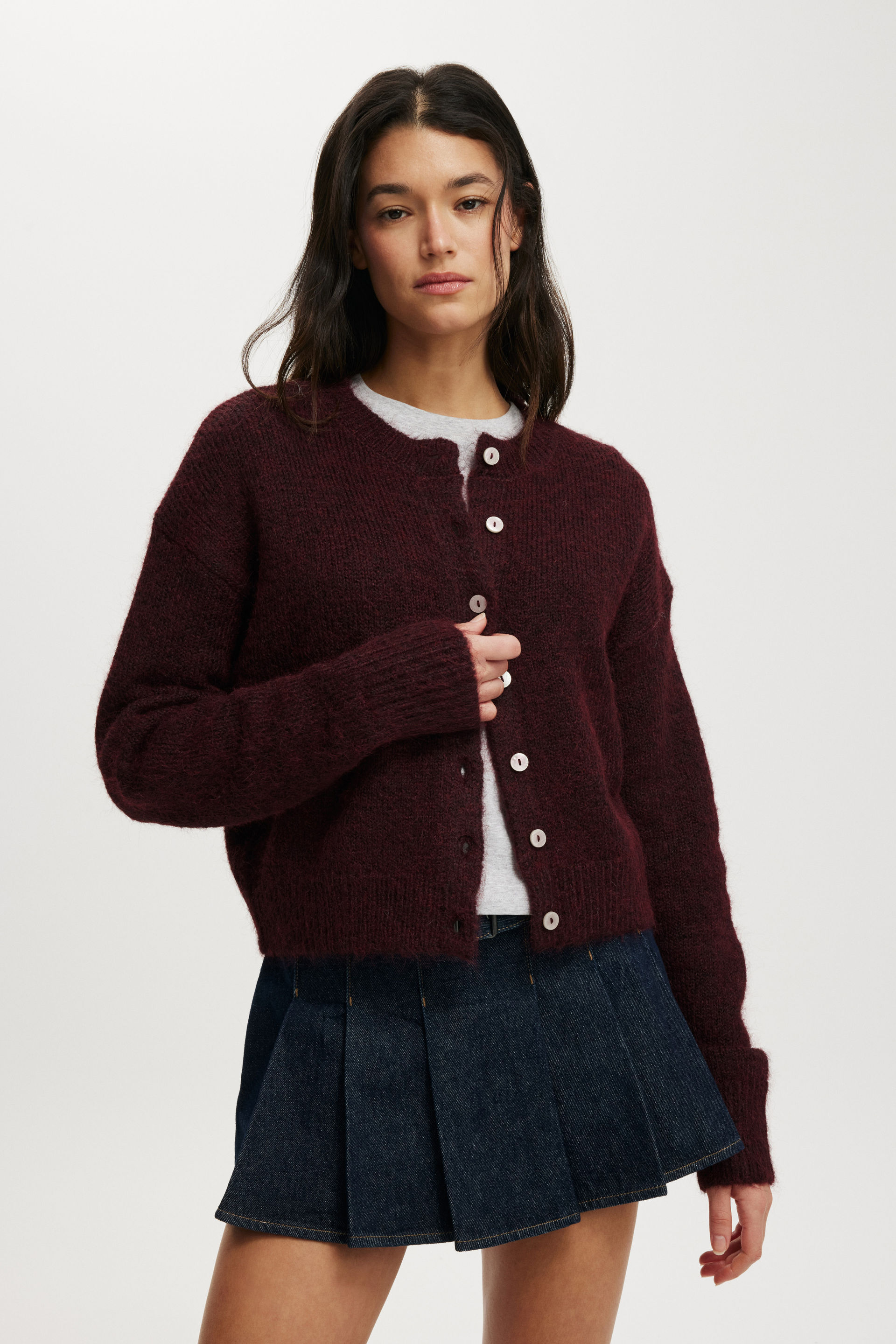 Lofty Luxe Crew Cardigan deep pomegranate