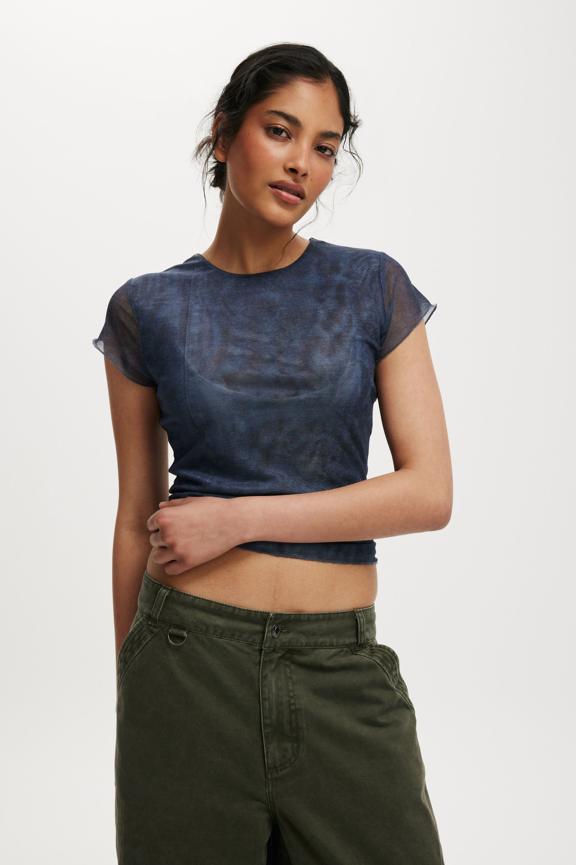Ashley Mesh Short Sleeve Top printed denim seam