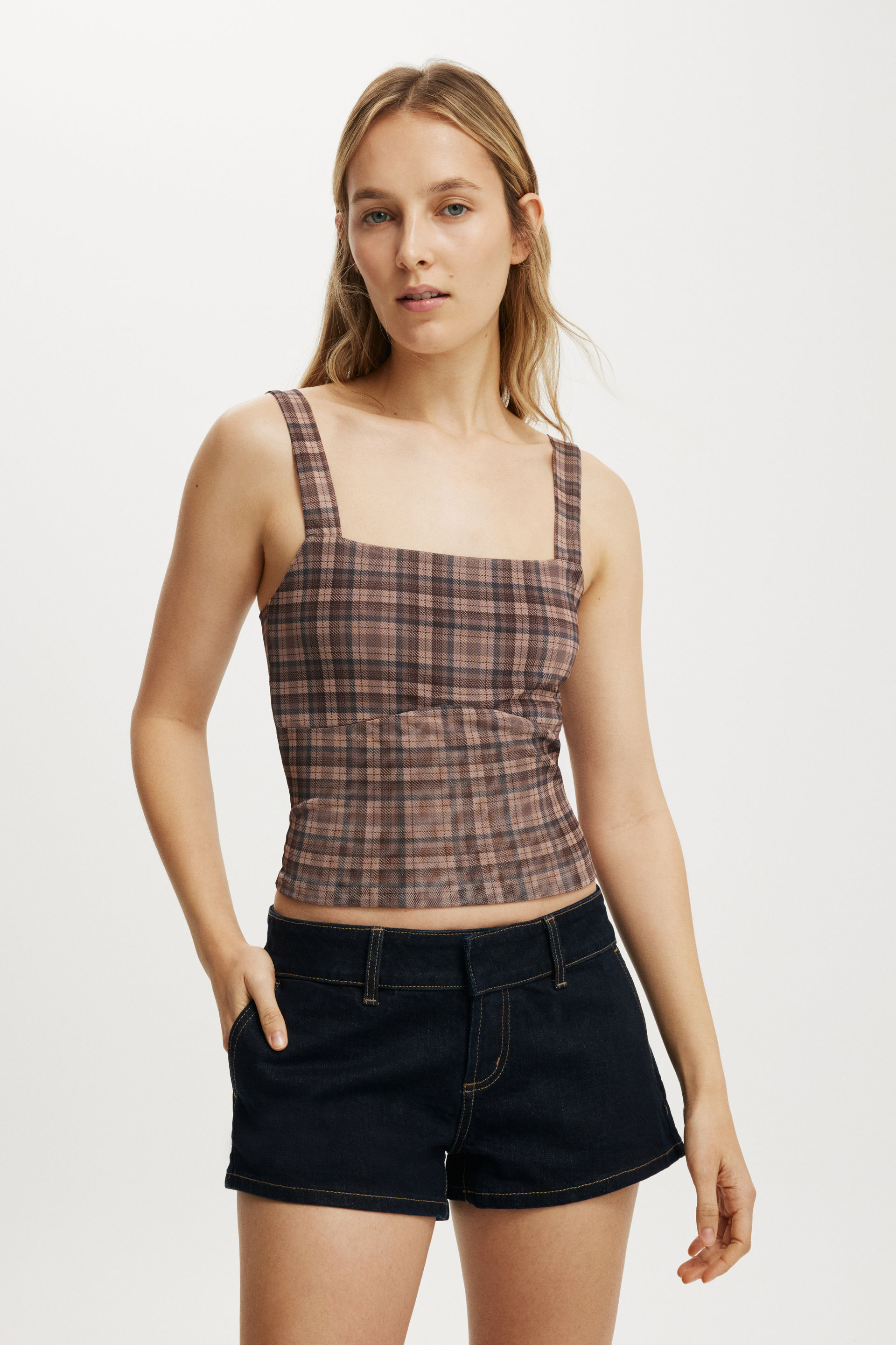 Brooke Mesh Cami penny check mushroom brown