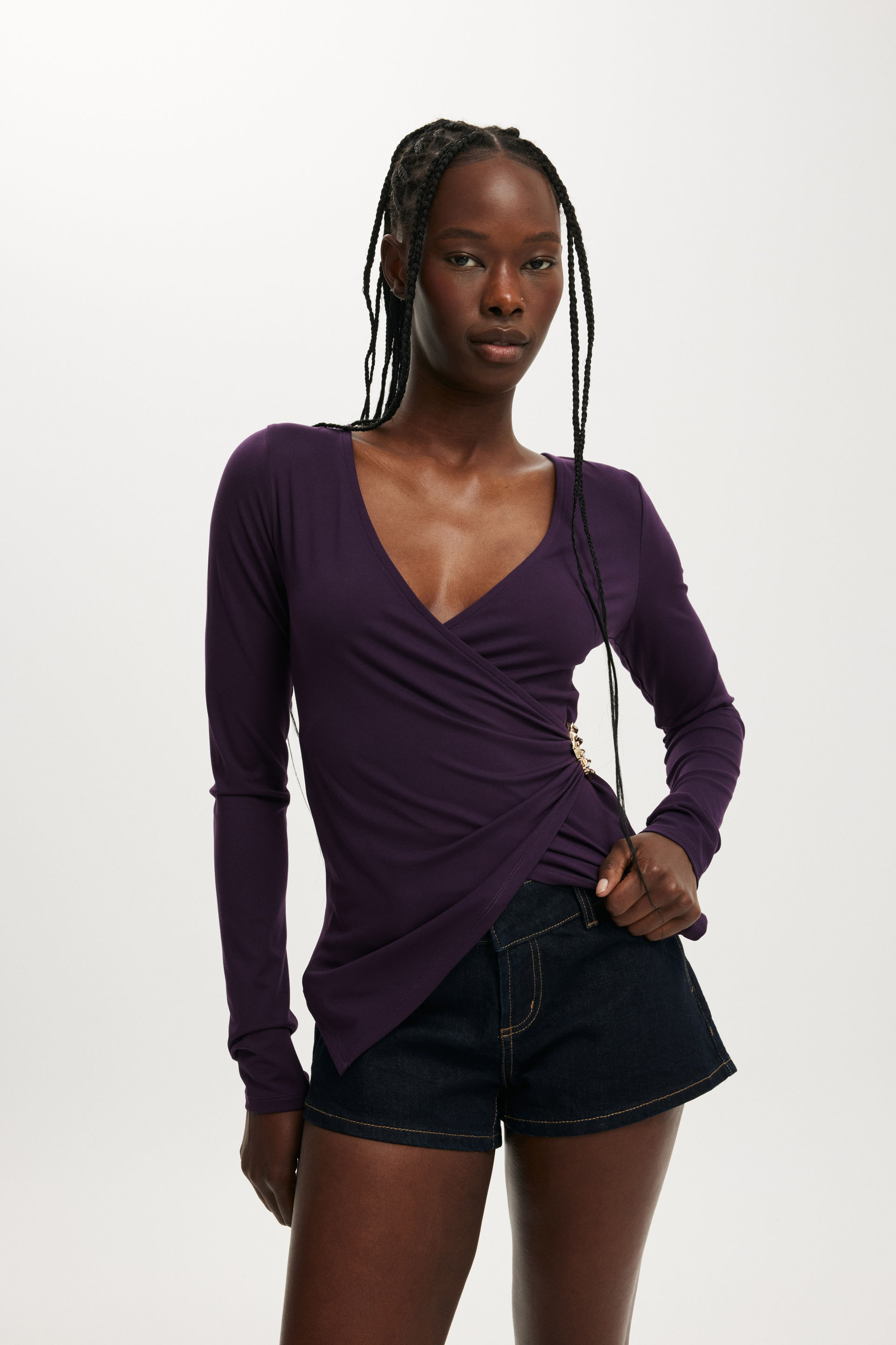 Trim Detail Long Sleeve Wrap Top velvet current