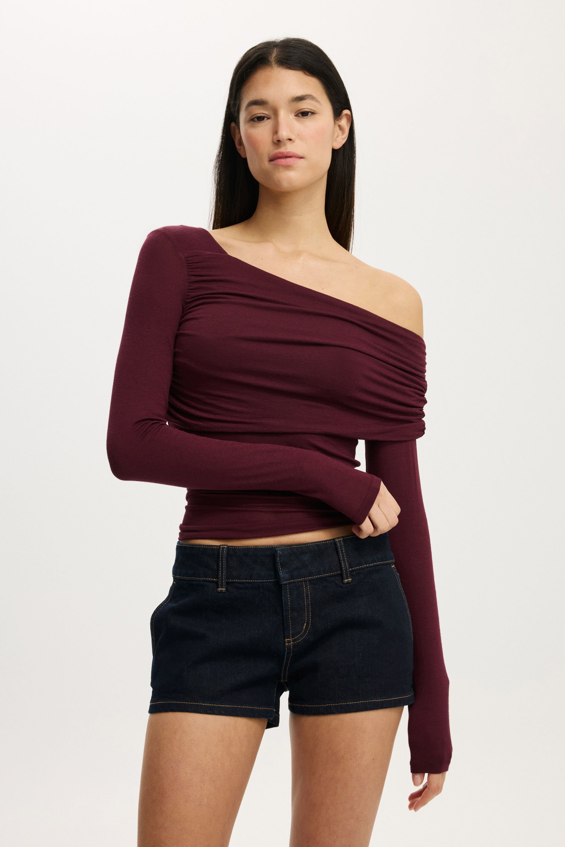 One Shoulder Base Layer Long Sleeve deep pomegranate