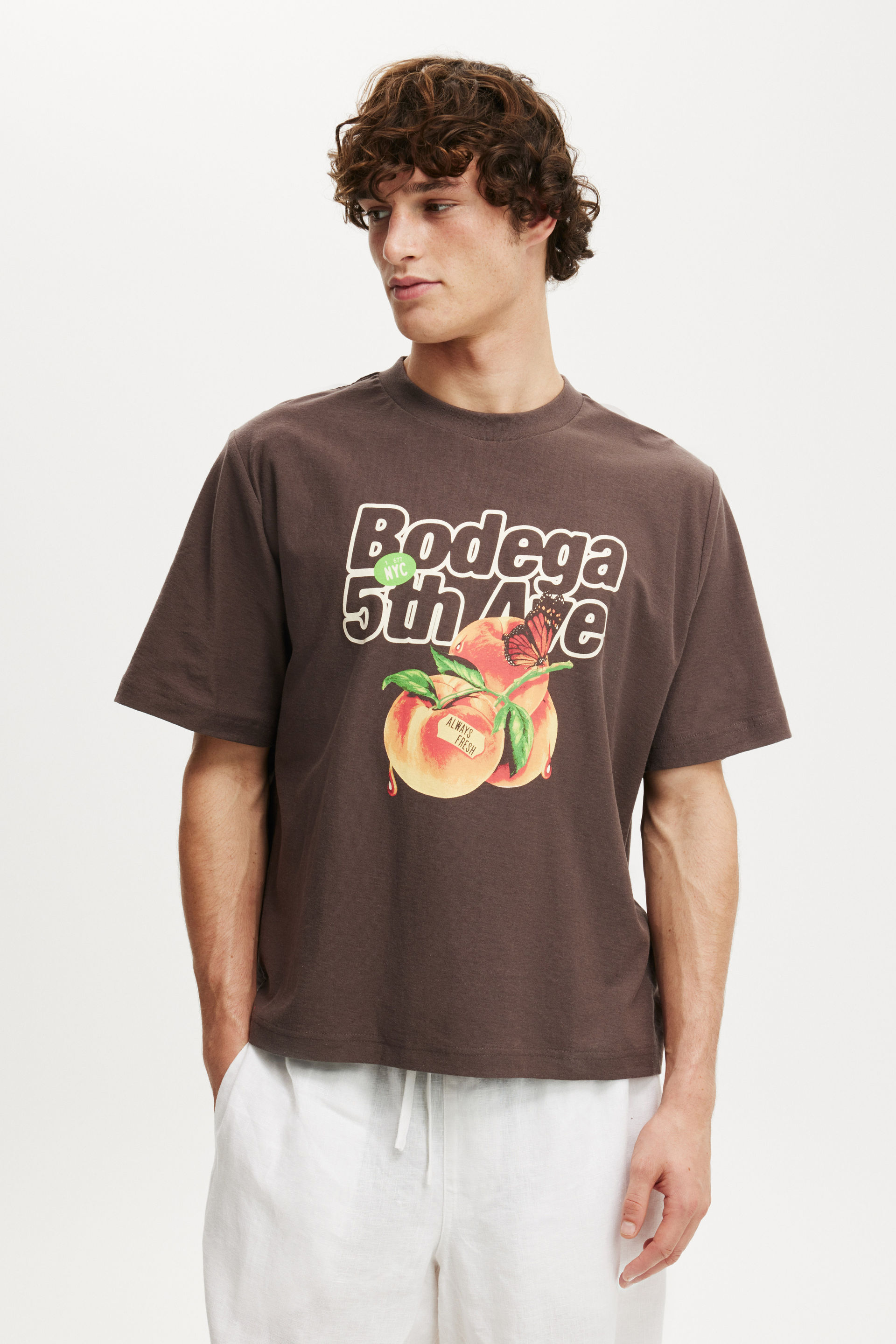 Cropped Fit Graphic T-Shirt washed chocolate/5th ave