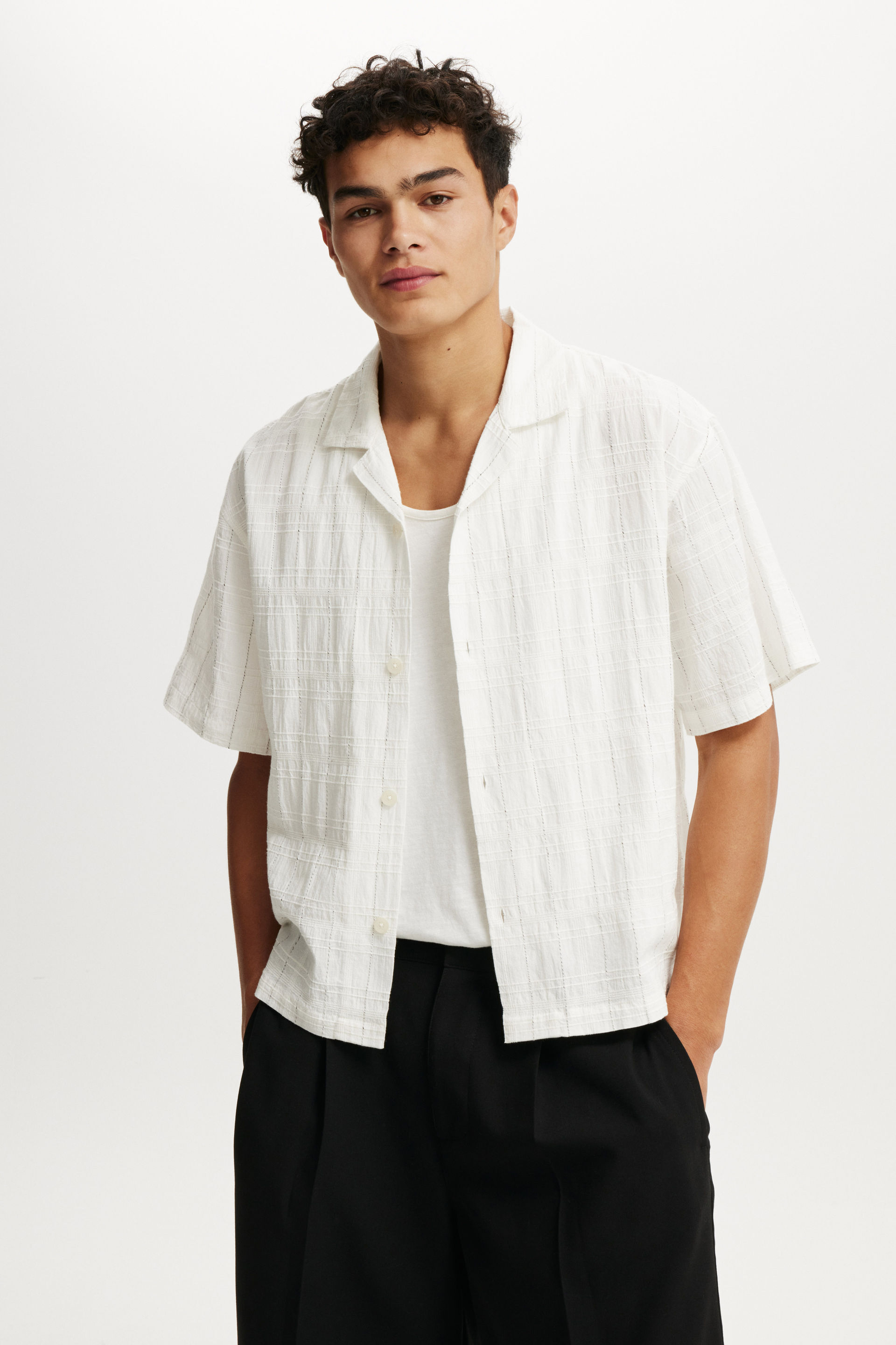 Box Fit Short Sleeve Shirt white dobby check