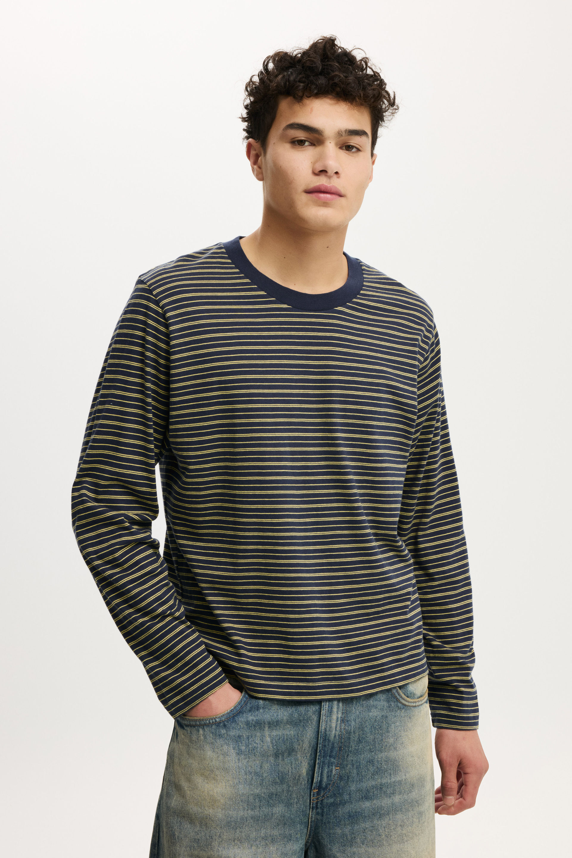 Cropped Fit Long Sleeve true navy sunray yellow stripe