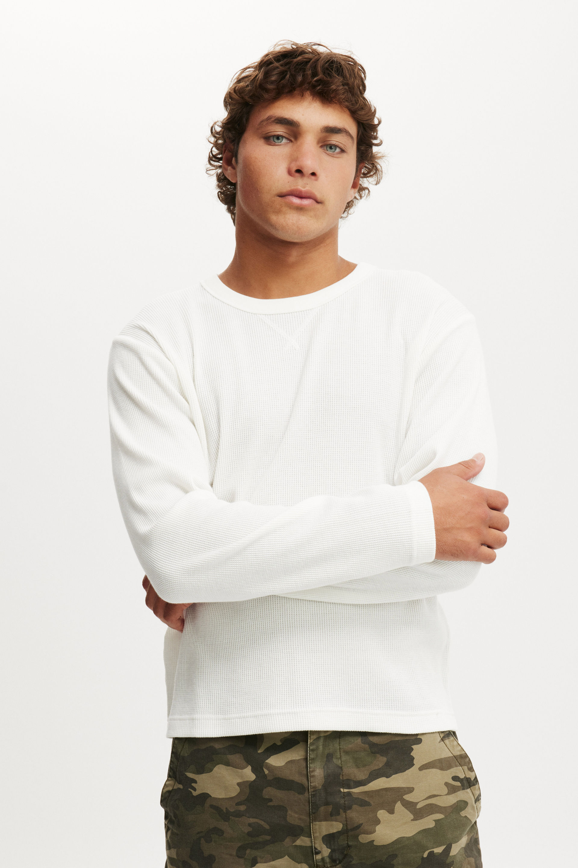 Cropped Fit Textured Long Sleeve white waffle