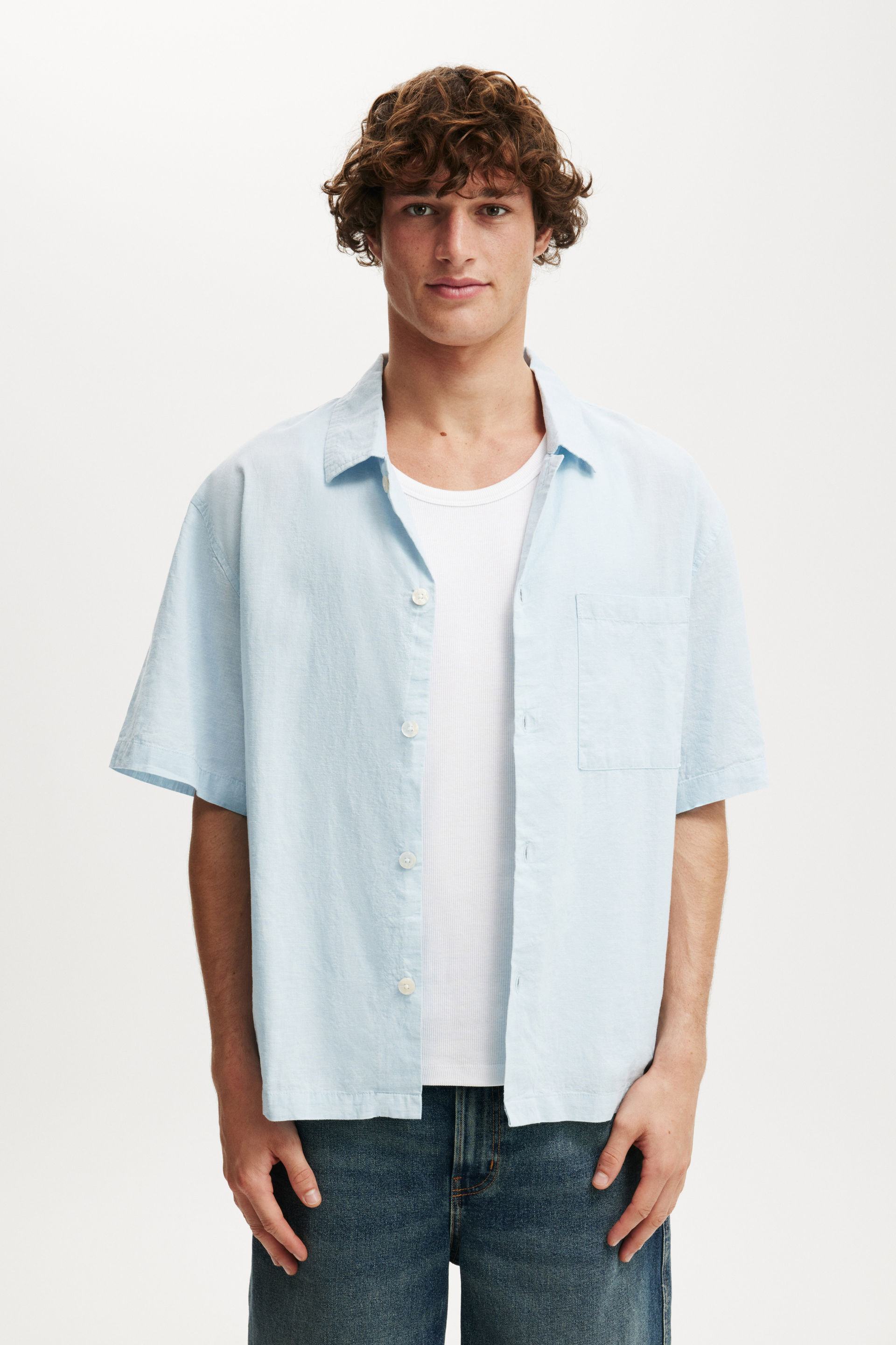 Eli Linen Blend Short Sleeve Shirt textured summer blue