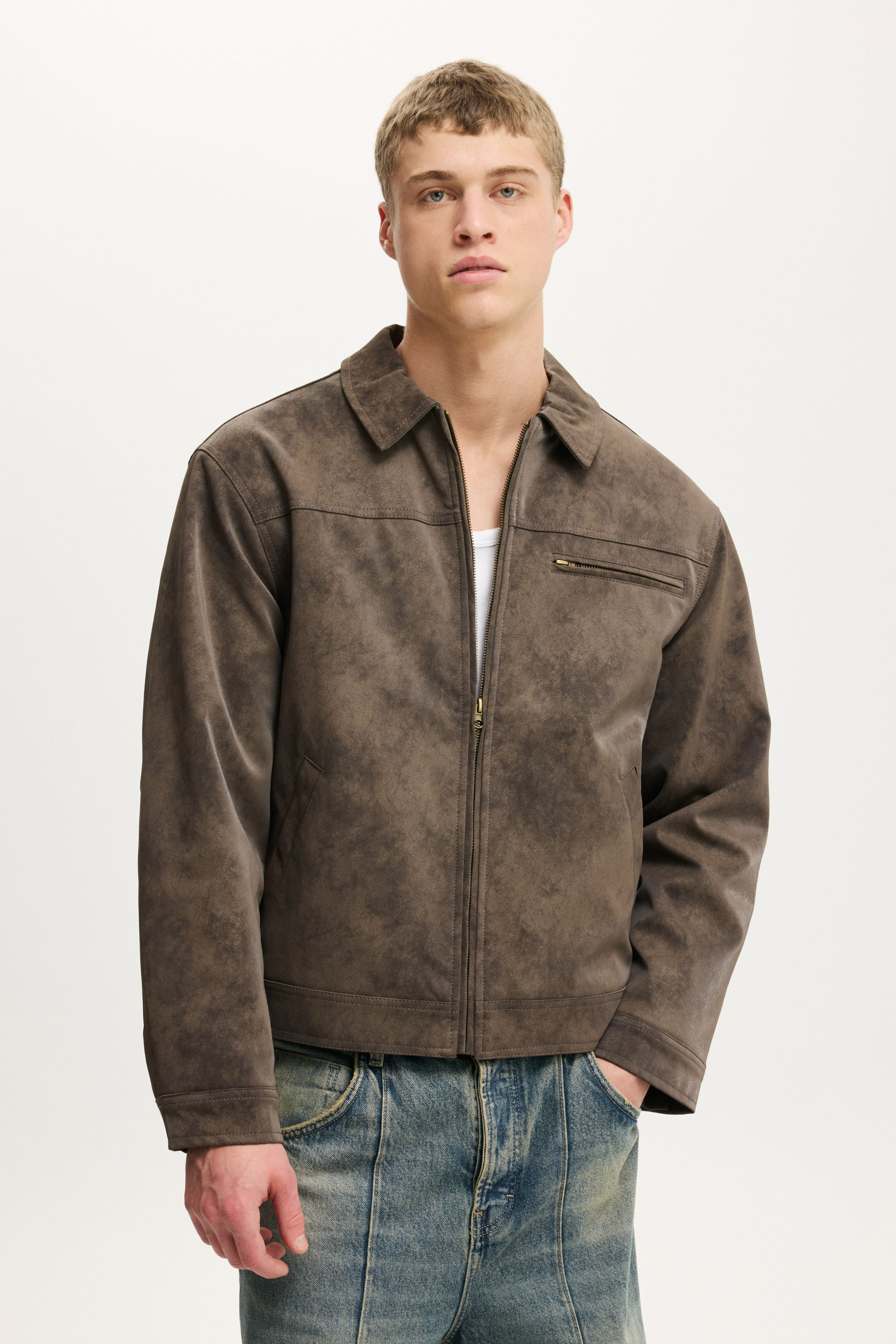 Cropped Faux Suede Harrington dark grey